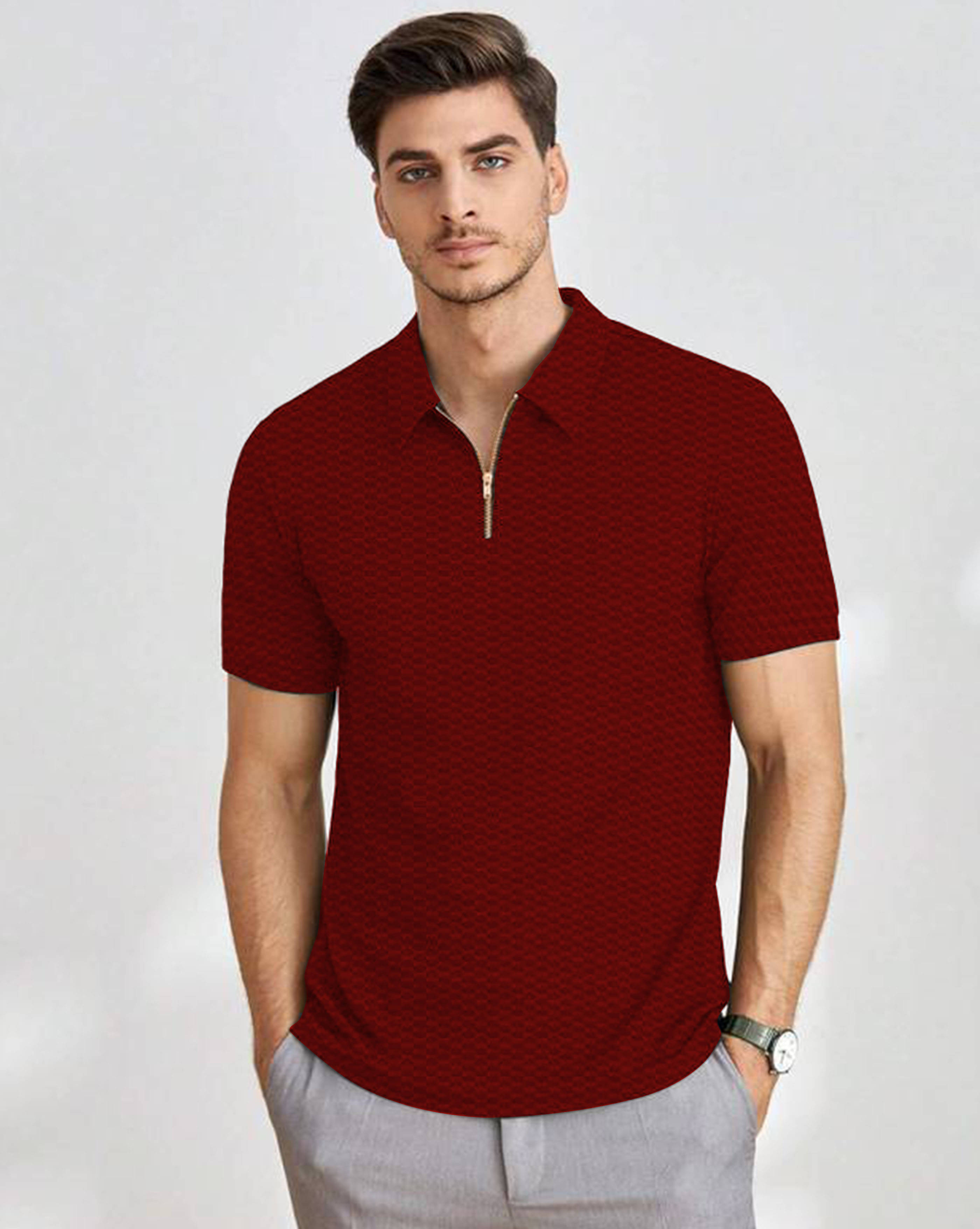     			AOOSH Men Cotton Blend Regular Fit Self Design Polo T Shirt ( Maroon )
