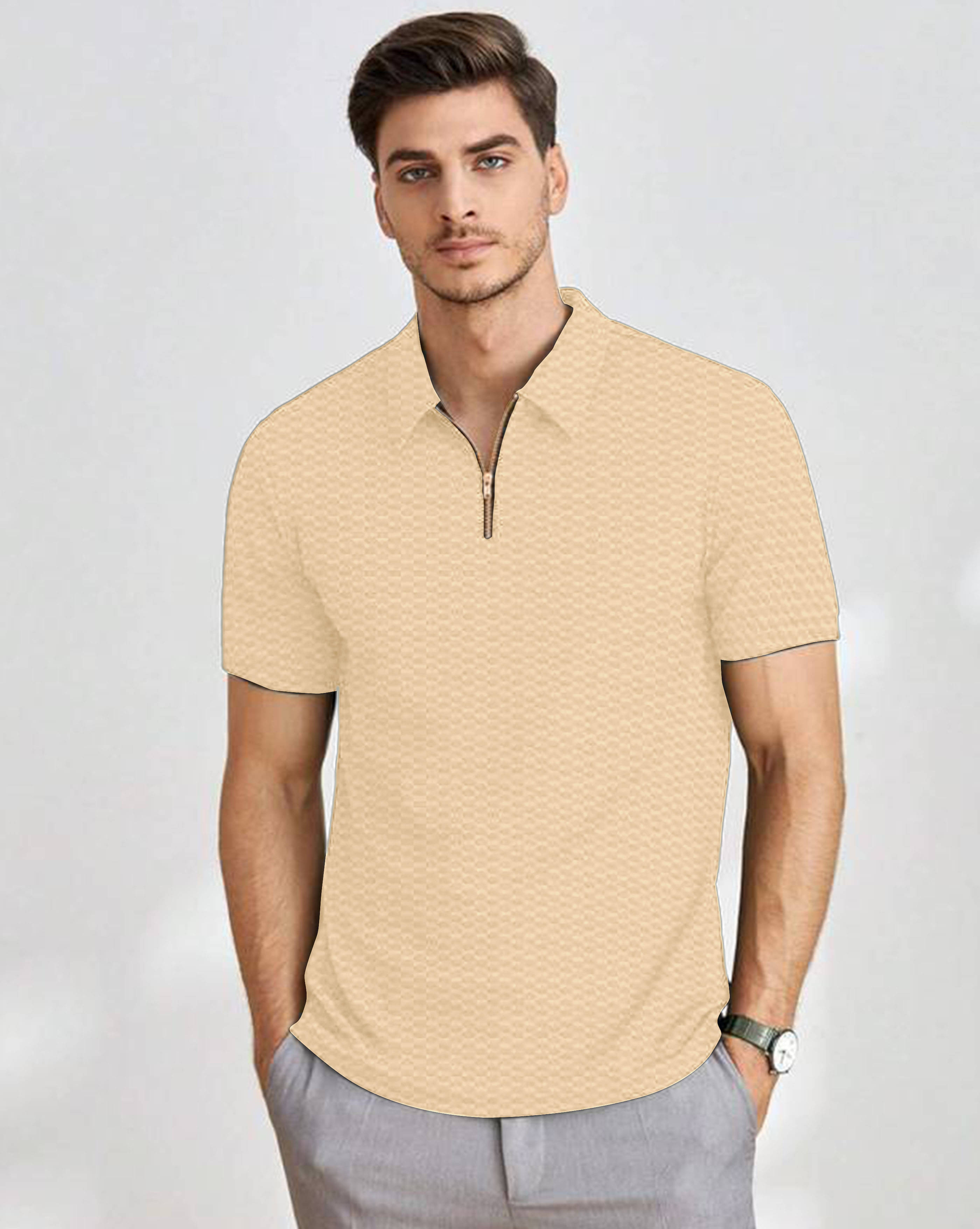 AOOSH Men Cotton Blend Regular Fit Self Design Polo T Shirt ( Beige ) AOOSH Men Cotton Blend Regular Fit Self Design Polo T Shirt ( Beige )
