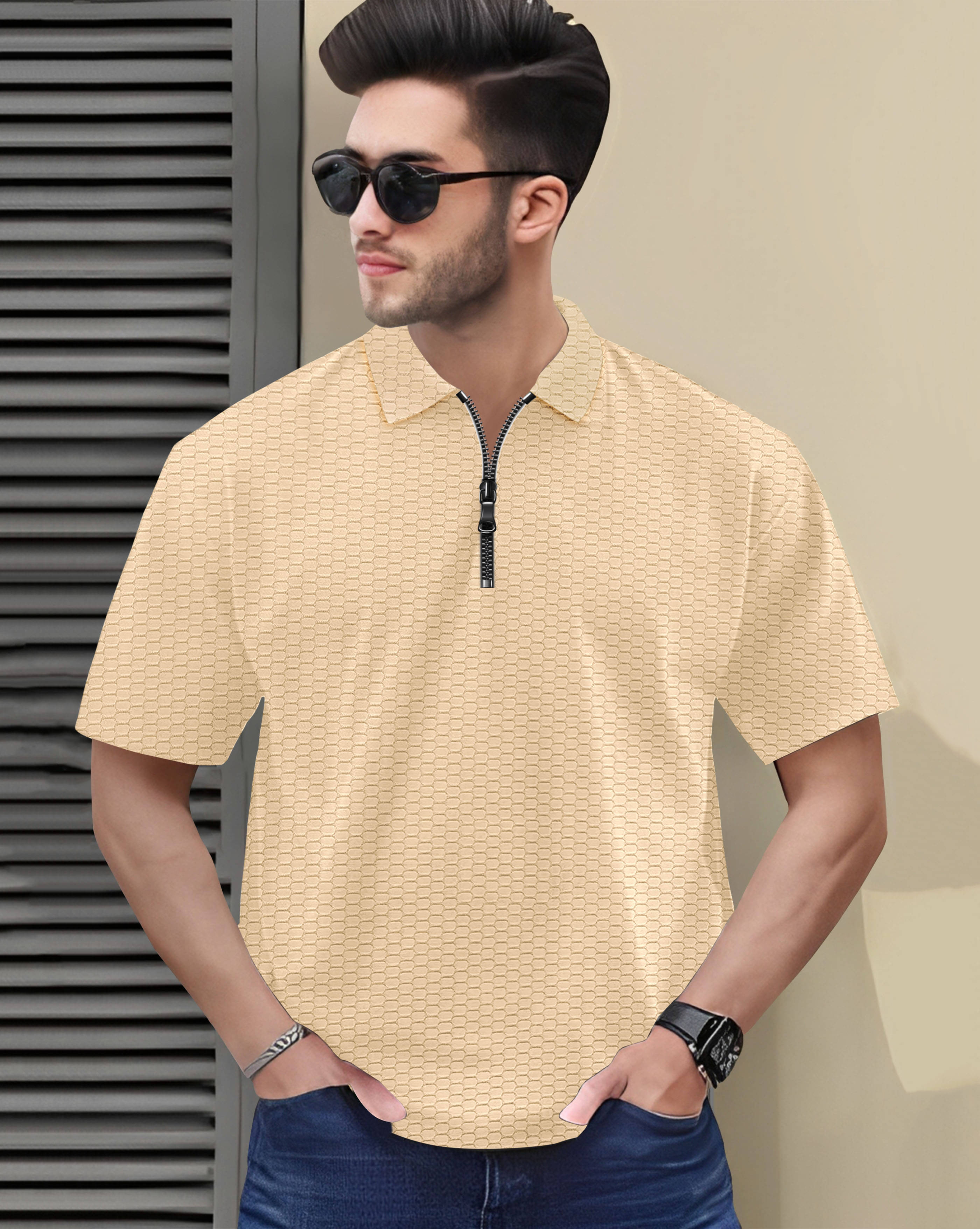     			AOOSH Men Cotton Blend Regular Fit Self Design Polo T Shirt ( Beige )