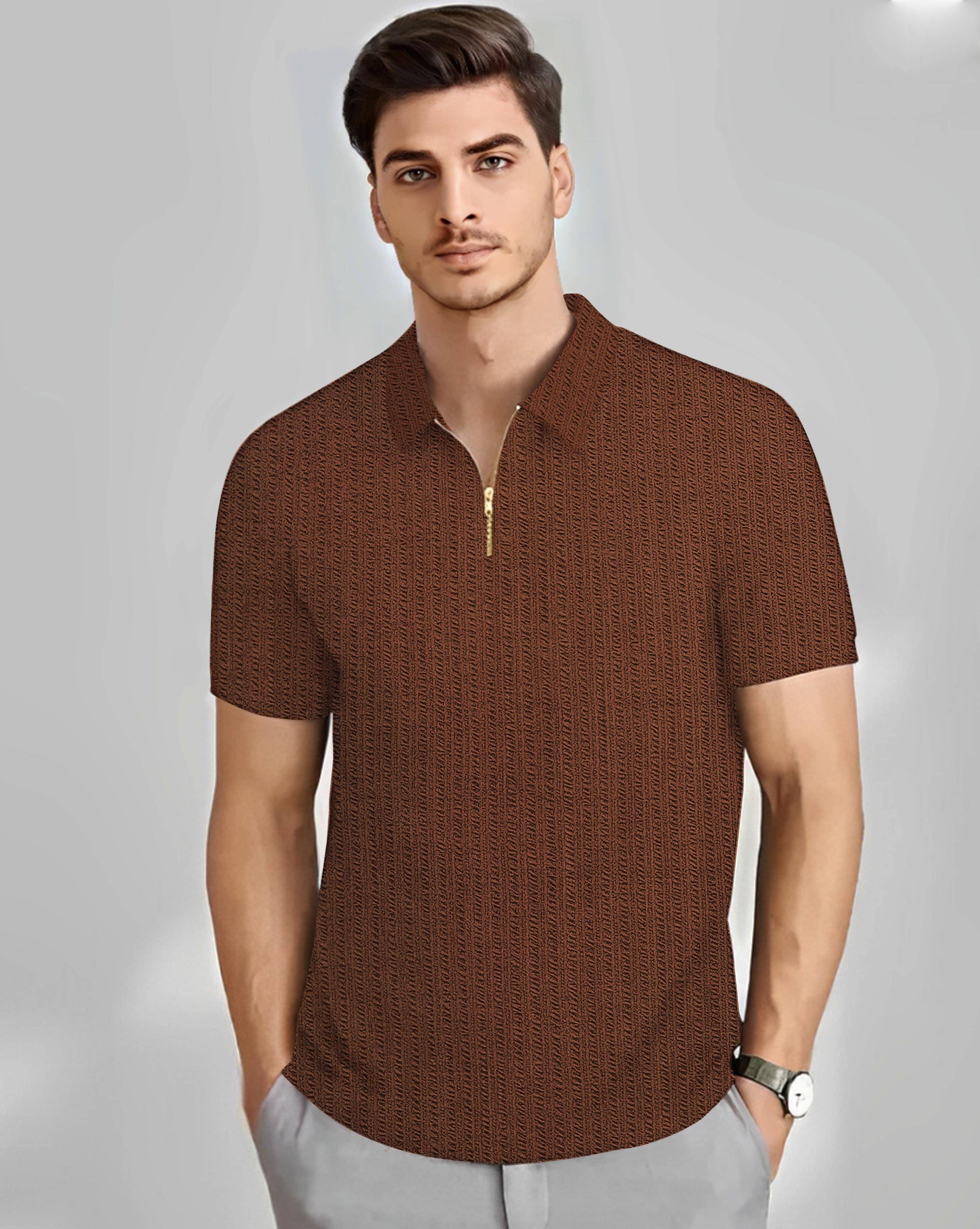     			AUSK Men Cotton Blend Regular Fit Self Design Polo T Shirt ( Brown )