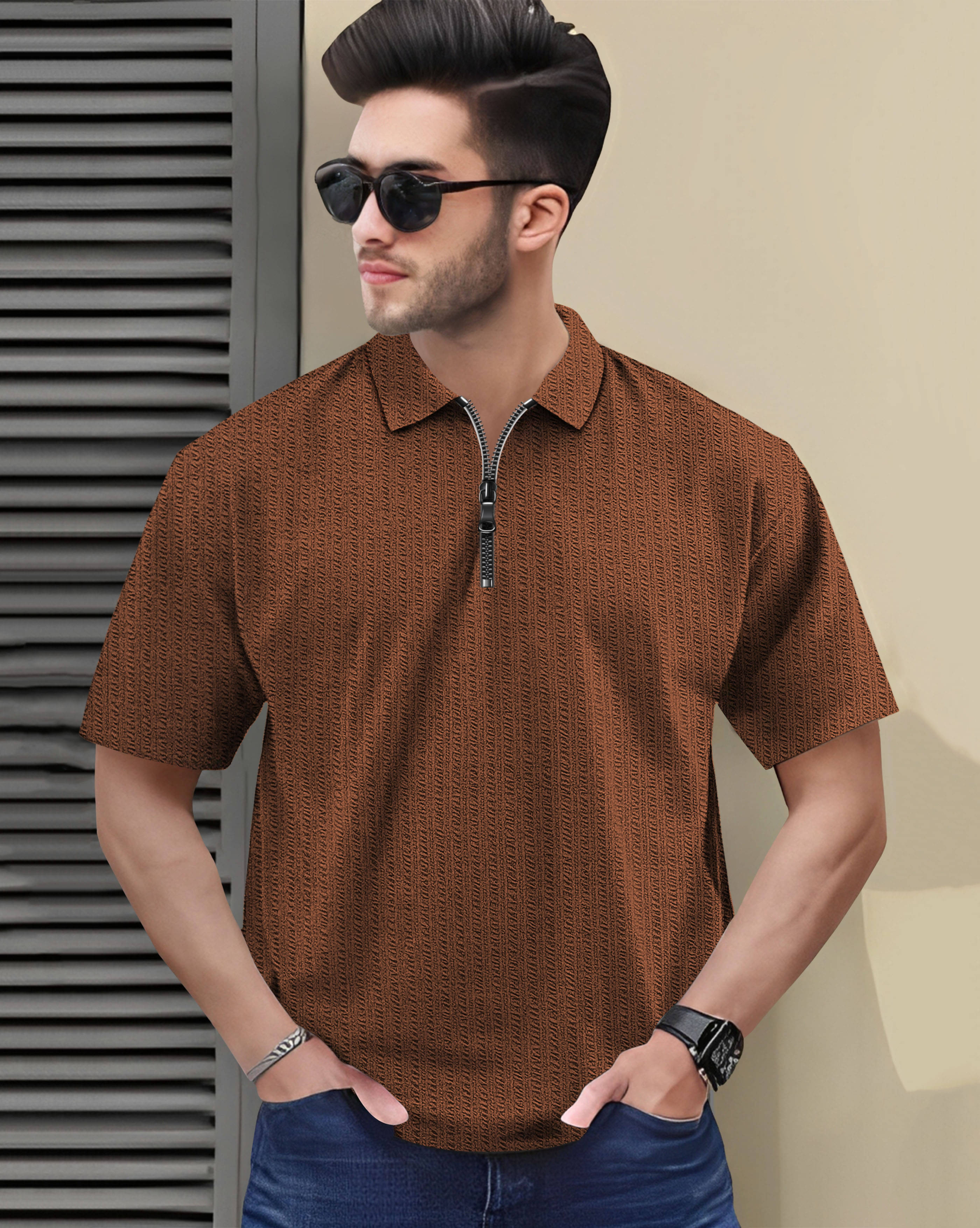 AUSK Men Cotton Blend Regular Fit Self Design Polo T Shirt ( Brown )     			AUSK Men Cotton Blend Regular Fit Self Design Polo T Shirt ( Brown )