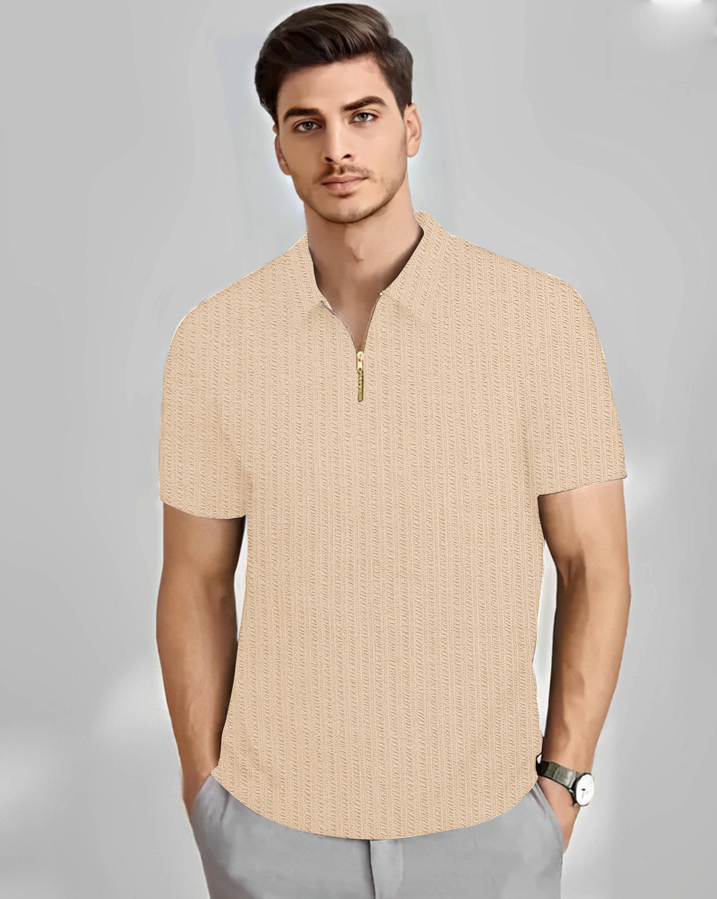     			AUSK Men Cotton Blend Regular Fit Self Design Polo T Shirt ( Beige )