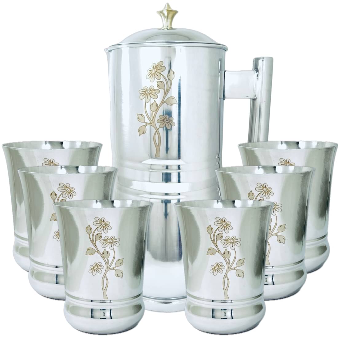 Artha Jug Glass Set of 7 Stainless Steel Laser Printed Jug & Glass Set 4400 mL Silver Artha Jug Glass Set of 7 Stainless Steel Laser Printed Jug & Glass Set 4400 mL Silver