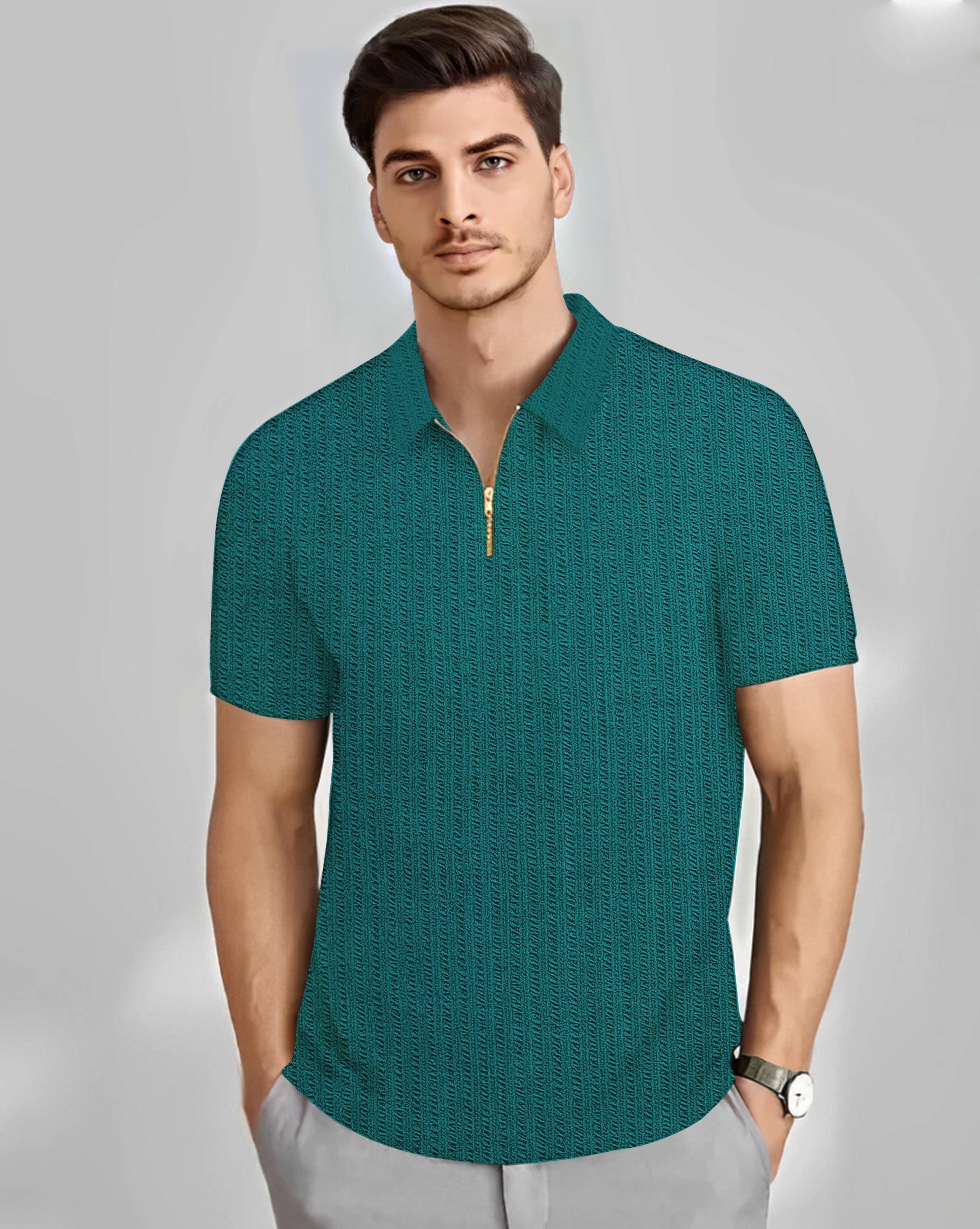     			ENITOR Men Cotton Blend Regular Fit Self Design Polo T Shirt ( Teal Blue )
