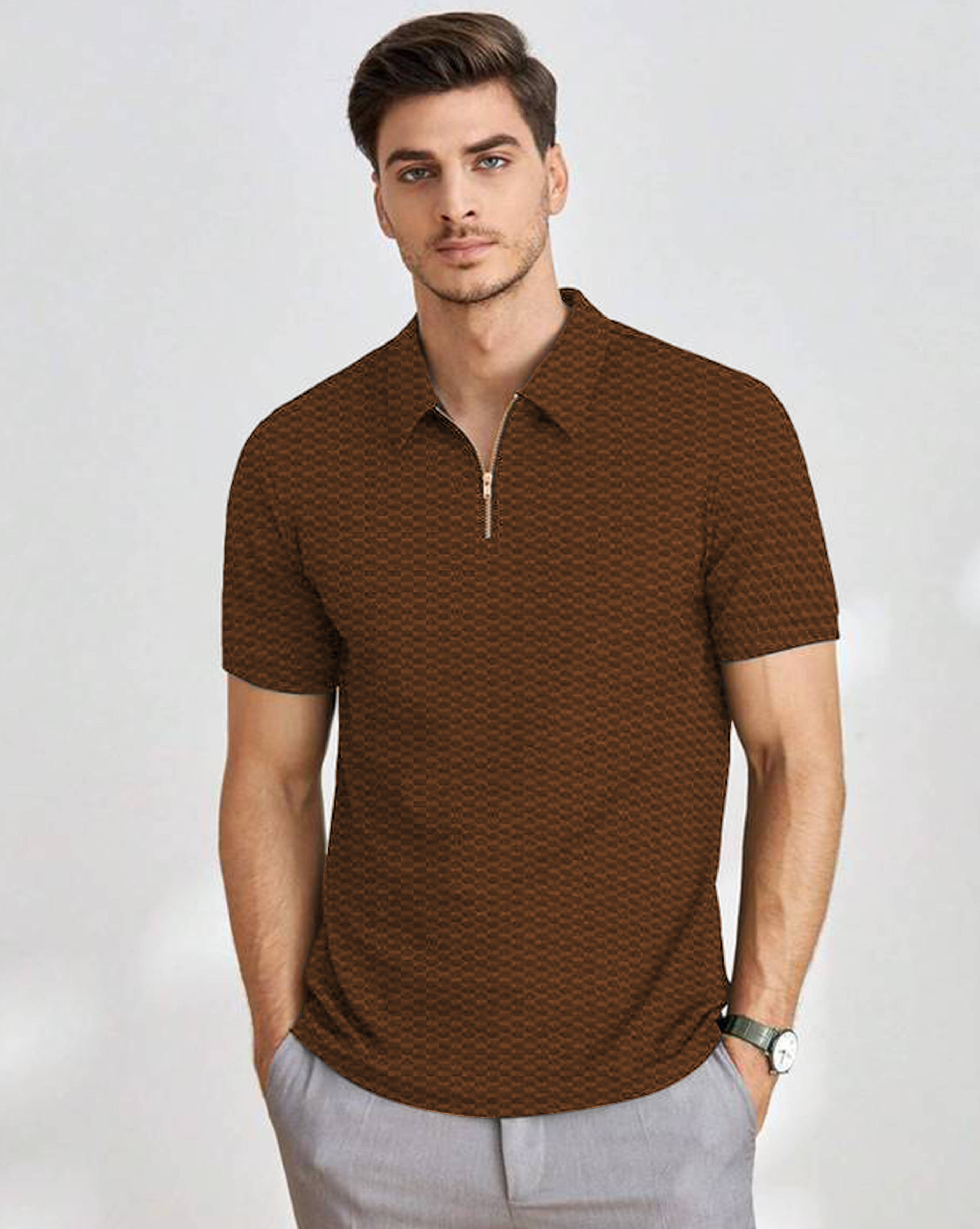     			ENITOR Men Cotton Blend Regular Fit Self Design Polo T Shirt ( Brown )