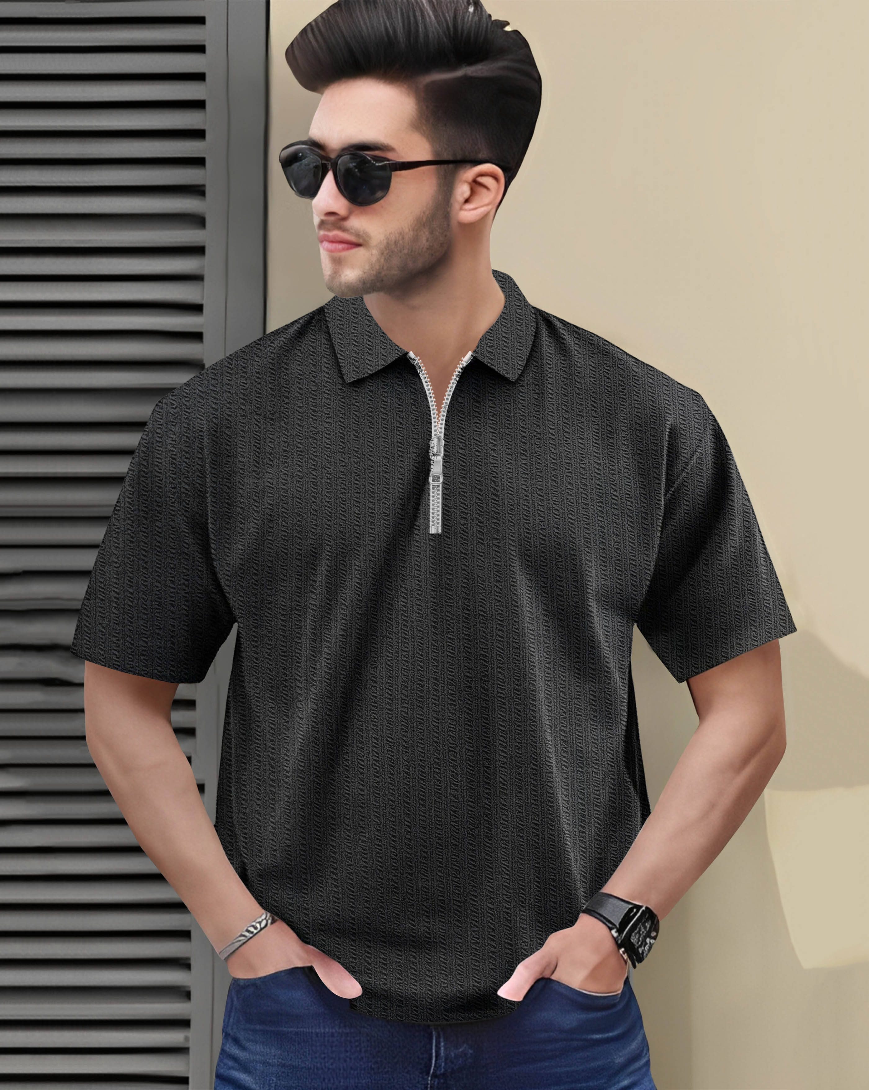     			ENITOR Men Cotton Blend Regular Fit Self Design Polo T Shirt ( Black )