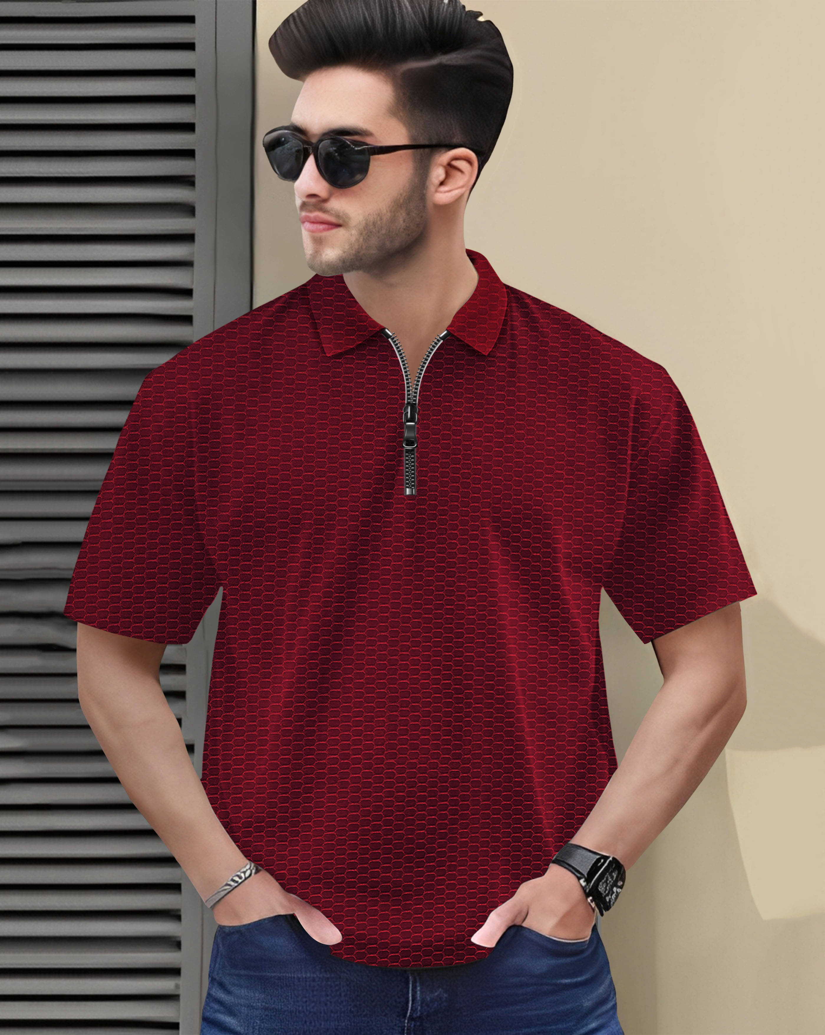     			ENITOR Men Cotton Blend Regular Fit Self Design Polo T Shirt ( Maroon )