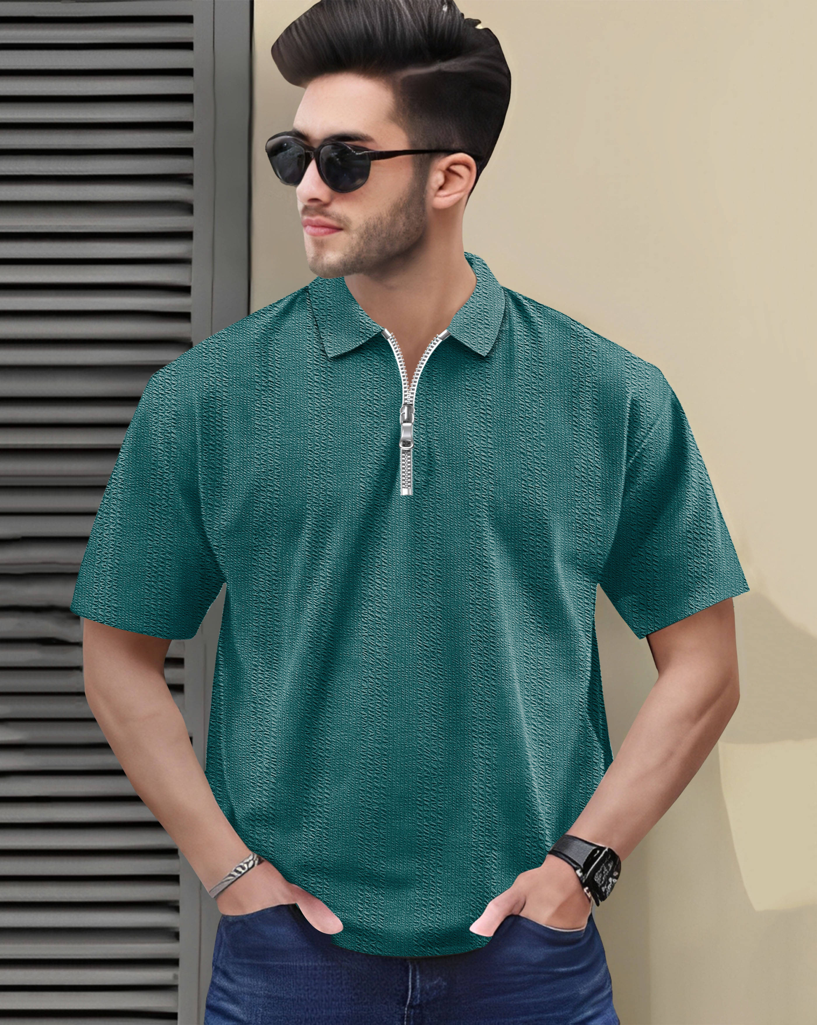     			ENITOR Men Cotton Blend Regular Fit Self Design Polo T Shirt ( Teal Blue )