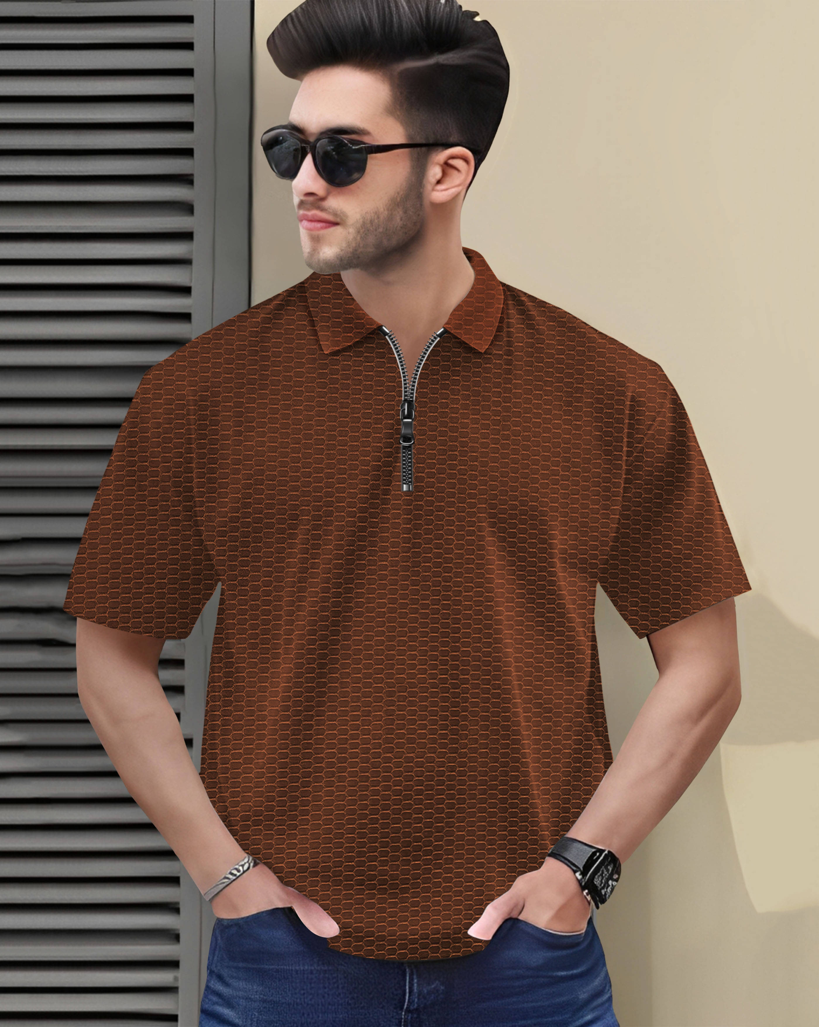     			ENITOR Men Cotton Blend Regular Fit Self Design Polo T Shirt ( Brown )