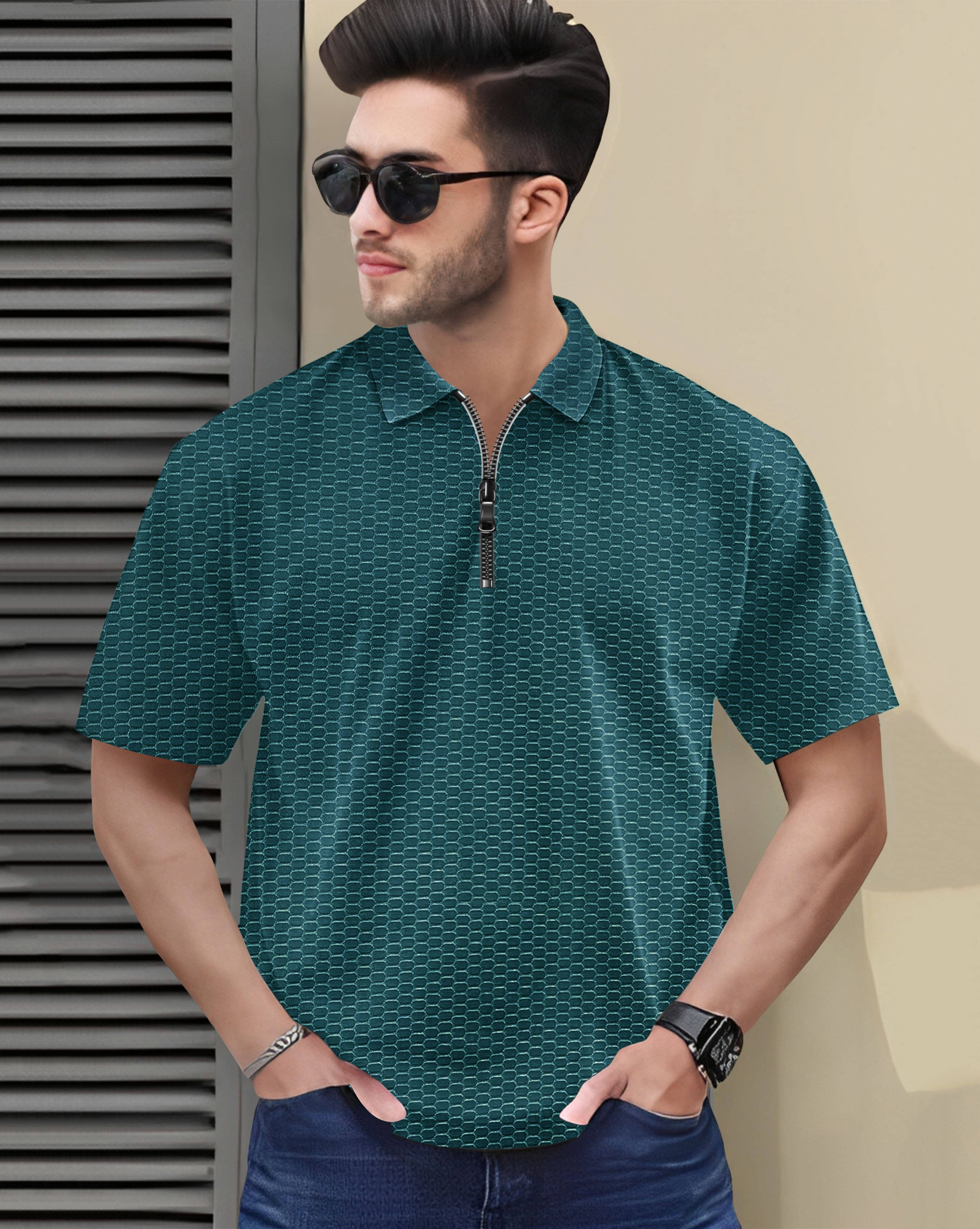     			ENITOR Men Cotton Blend Regular Fit Self Design Polo T Shirt ( Teal Blue )