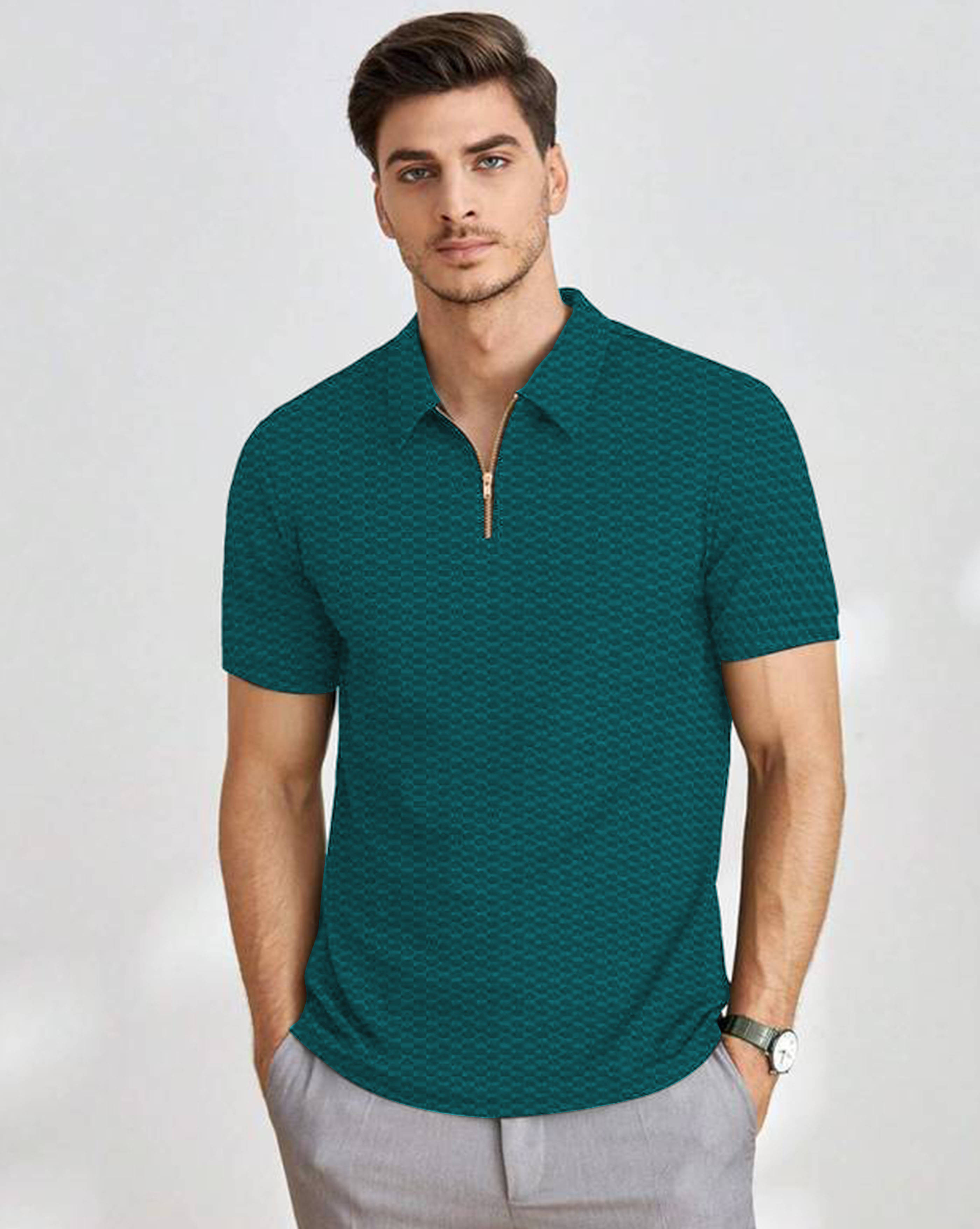     			ENITOR Men Cotton Blend Regular Fit Self Design Polo T Shirt ( Teal Blue )