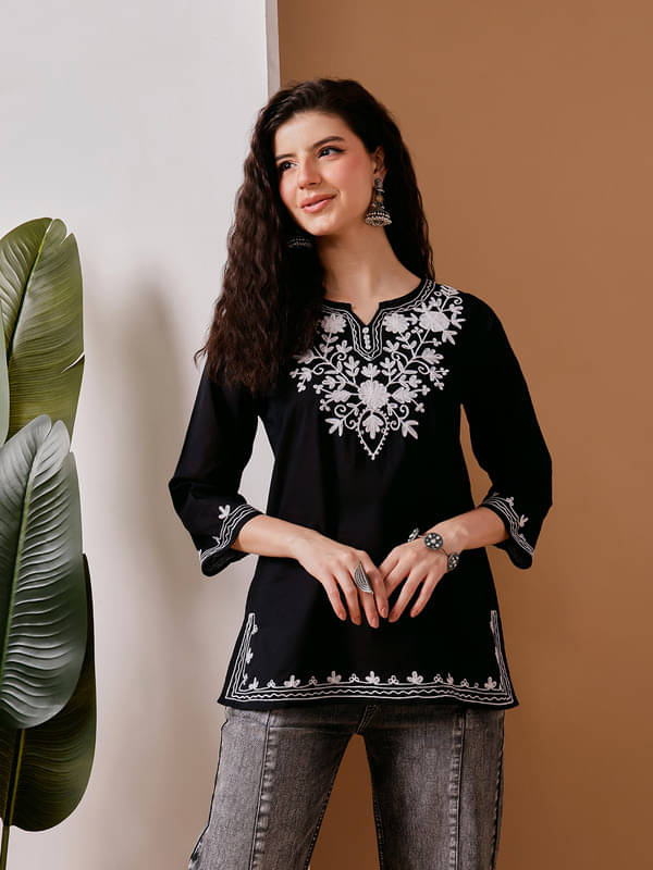 Fembliss Women Cotton Embroidered Straight Kurti ( Black ) Fembliss Women Cotton Embroidered Straight Kurti ( Black )