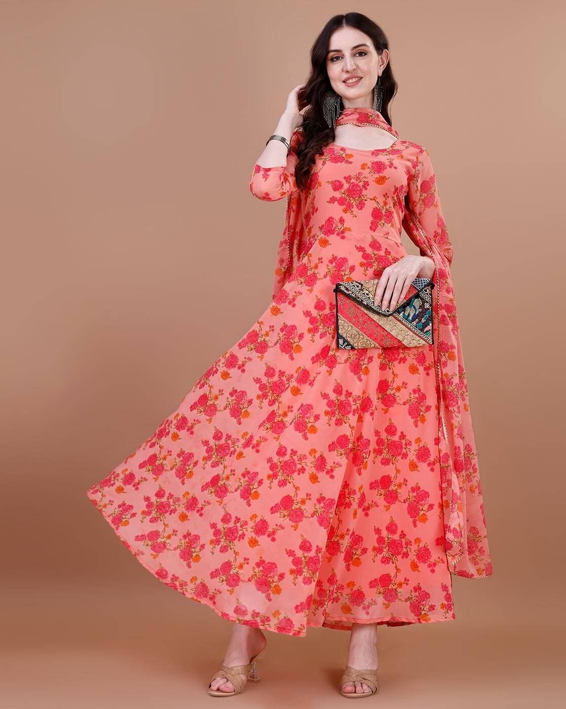 JASH CREATION Women Cotton Blend Flared Stitched Ethnic Gown ( Orange )     			JASH CREATION Women Cotton Blend Flared Stitched Ethnic Gown ( Orange )