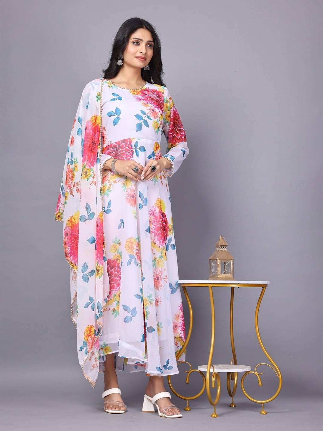 JASH CREATION Women Cotton Blend Flared Stitched Ethnic Gown ( White ) JASH CREATION Women Cotton Blend Flared Stitched Ethnic Gown ( White )