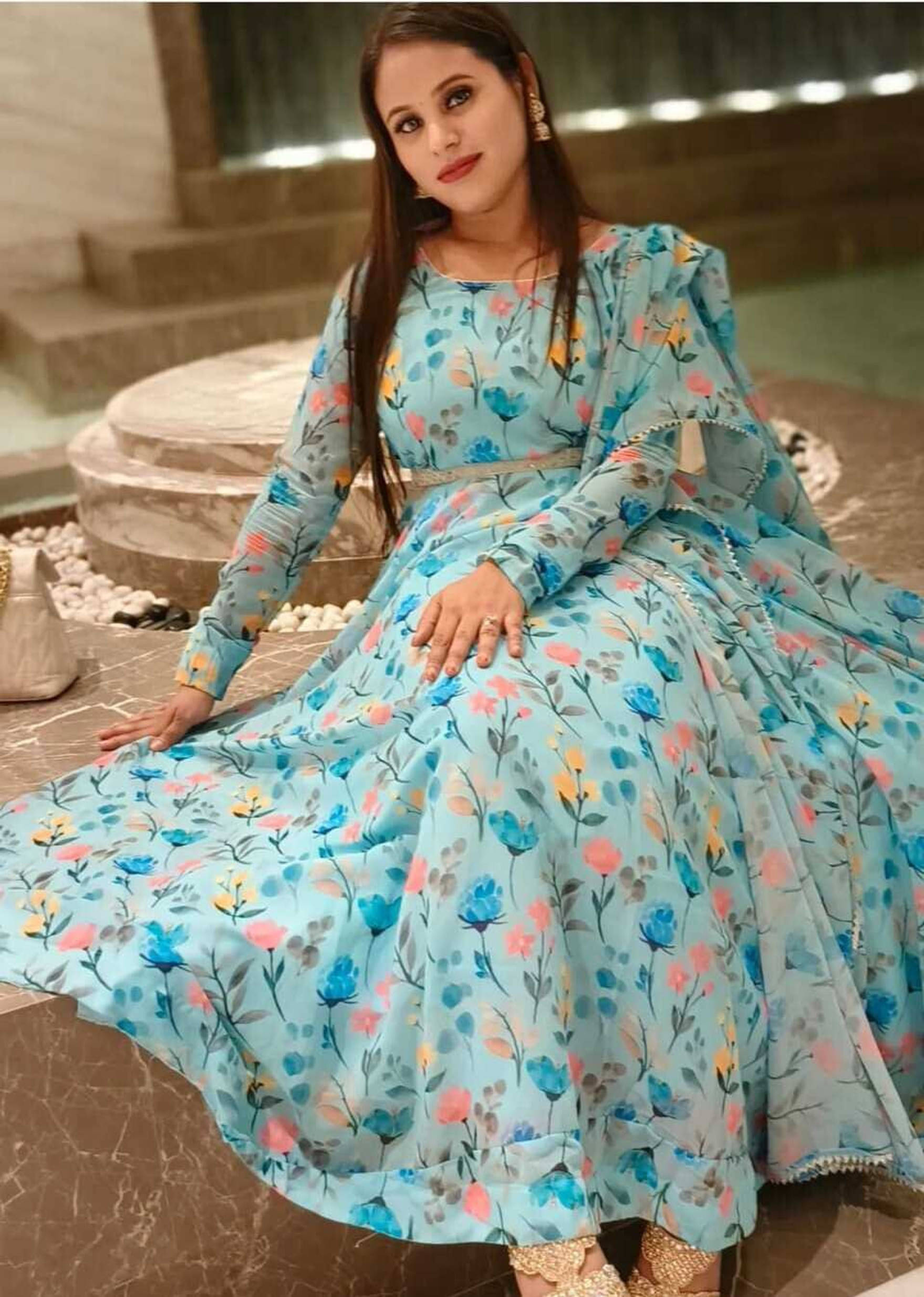 JASH CREATION Women Cotton Blend Flared Stitched Ethnic Gown ( Light Blue ) JASH CREATION Women Cotton Blend Flared Stitched Ethnic Gown ( Light Blue )