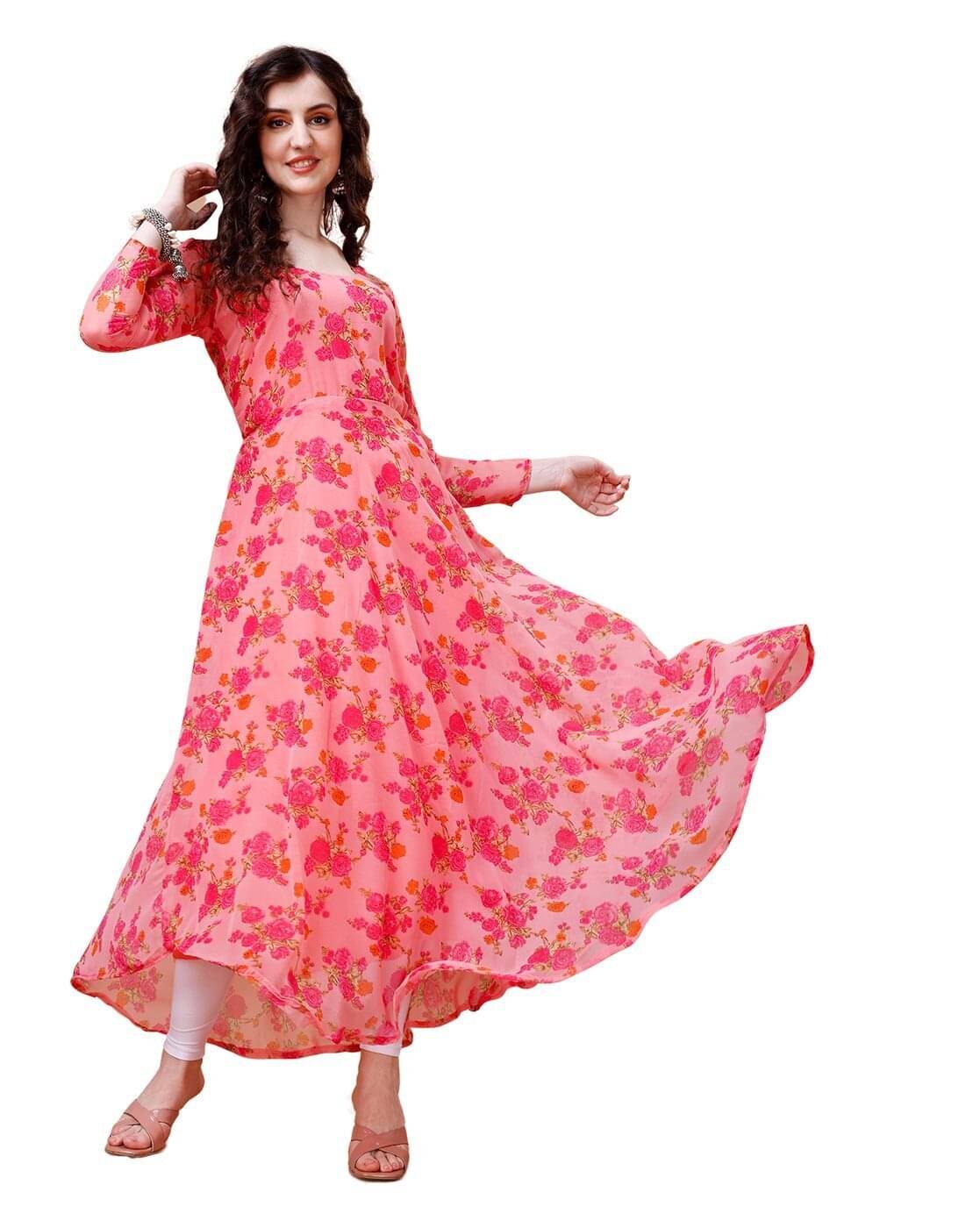 JASH CREATION Women Cotton Blend Flared Stitched Ethnic Gown ( Orange )     			JASH CREATION Women Cotton Blend Flared Stitched Ethnic Gown ( Orange )