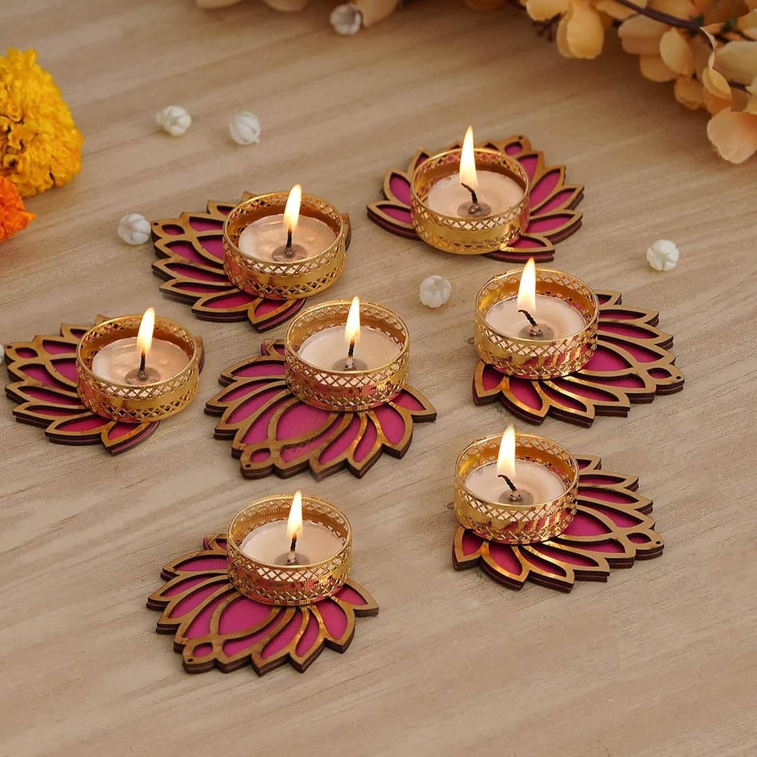     			KOOGLY Pink Hanging Wood Tea Light Holder - Pack of 7