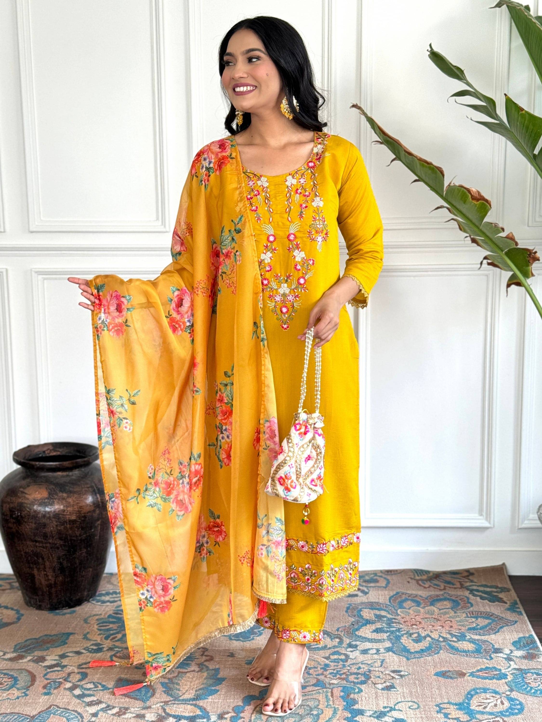     			Krisio Women Chanderi Silk Embroidered Straight Kurti With Pants ( Yellow )