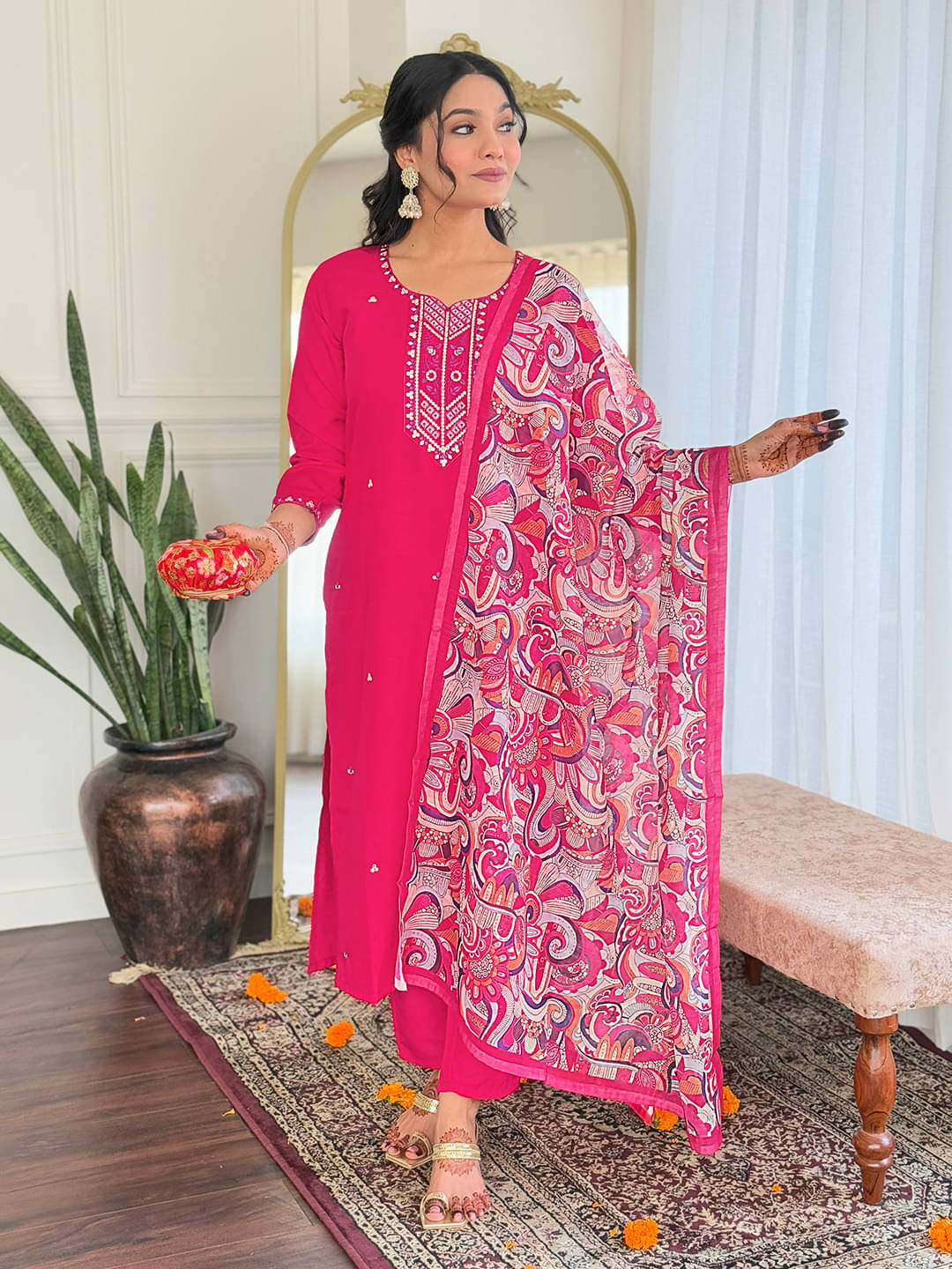     			Krisio Women Viscose Embroidered Straight Kurti With Pants ( Pink )