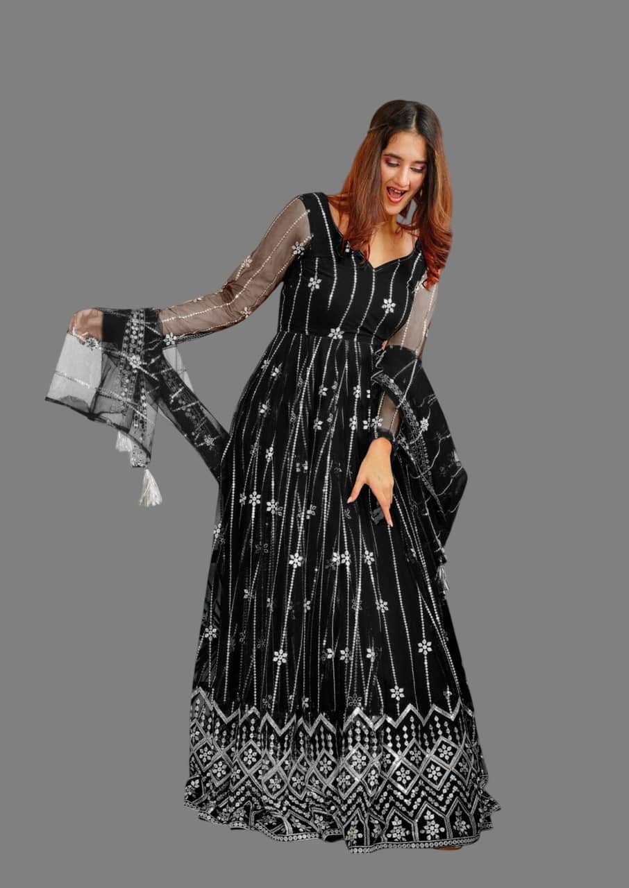 Lady Shopi Red Flared Net Women's Semi Stitched Ethnic Gown ( Pack of 1 ) - Unstitched Fabrics | Buy online on ZillyBuy