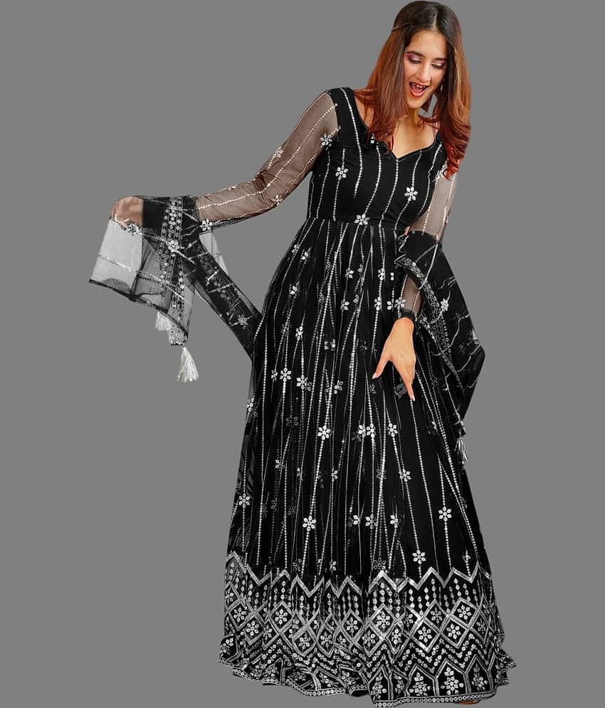 Lady Shopi Red Flared Net Women's Semi Stitched Ethnic Gown ( Pack of 1 ) - Unstitched Fabrics | Buy online on ZillyBuy