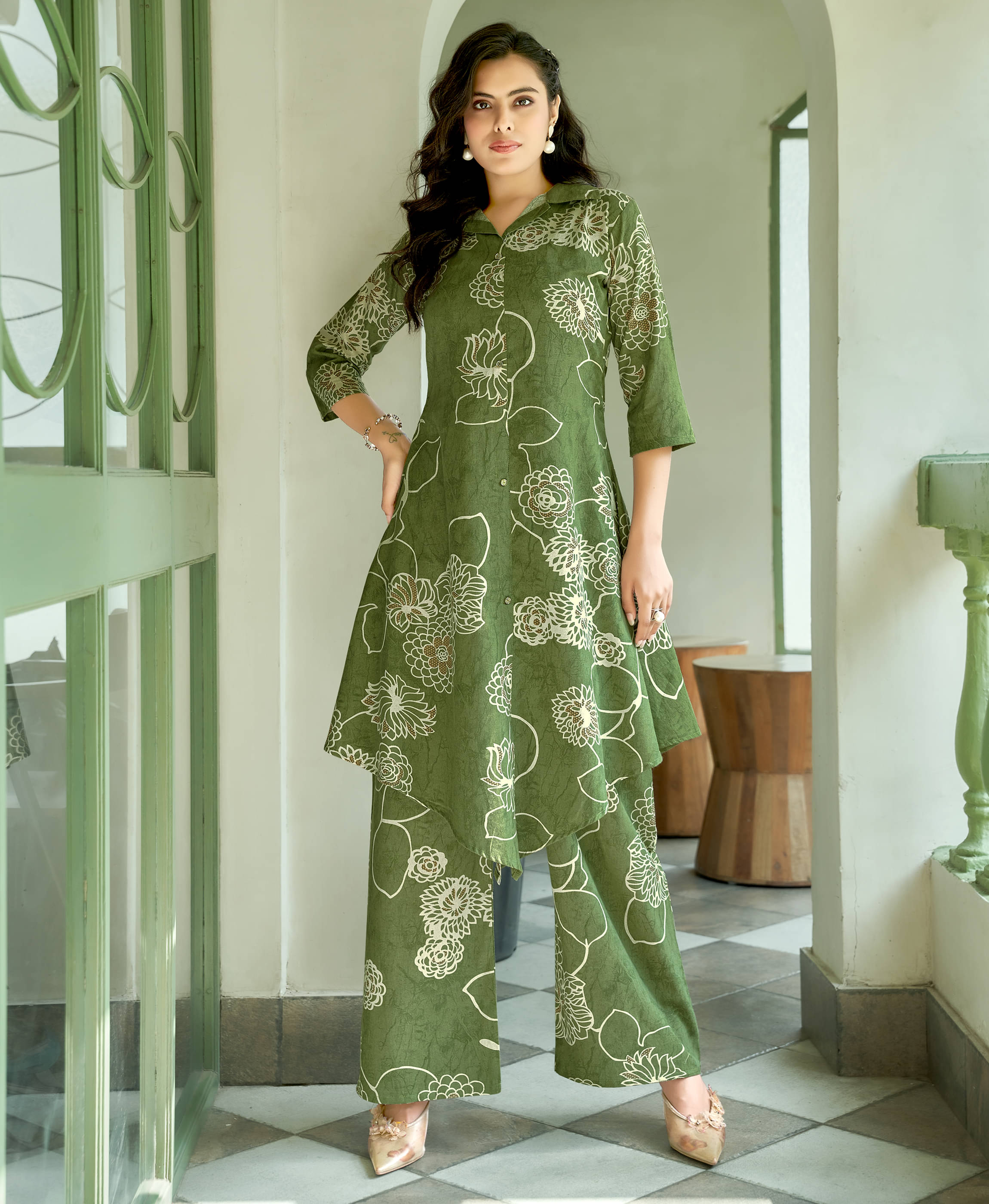 MOJILAA Women Printed Tunic With Palazzos Co-Ord Set ( Green )     			MOJILAA Women Printed Tunic With Palazzos Co-Ord Set ( Green )