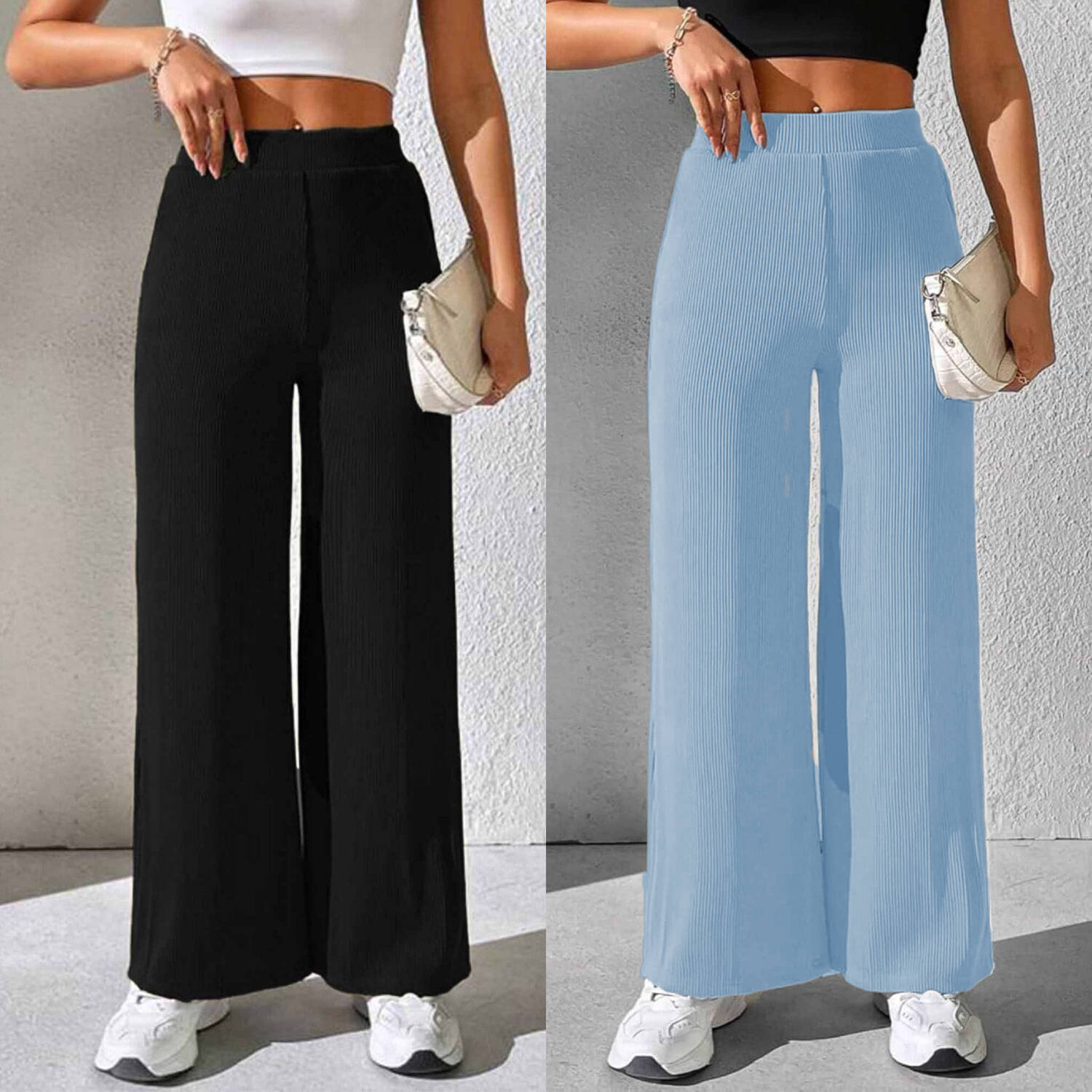     			Qyaas Pack of 2 Lycra Baggy Women's Formal Pants ( Black,Light Blue )