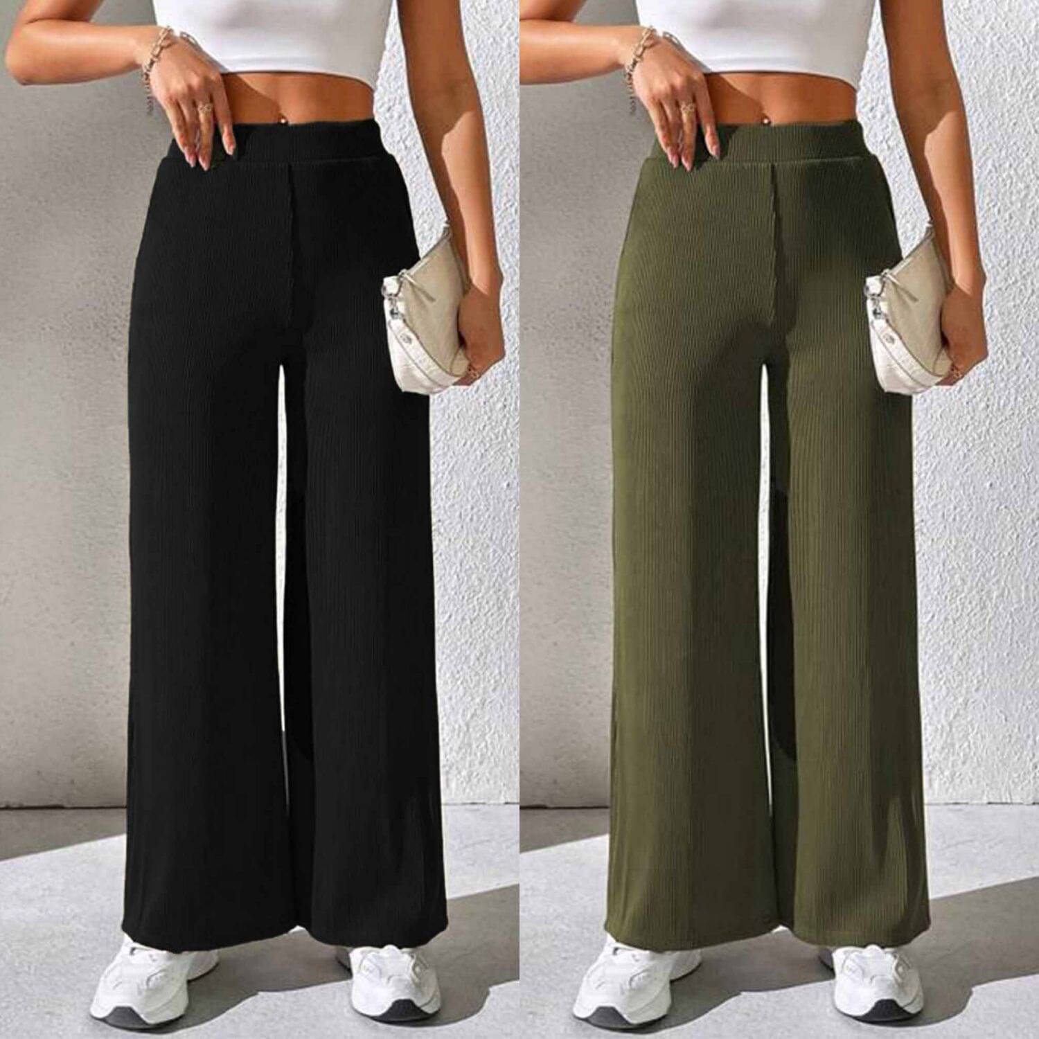     			Qyaas Pack of 2 Lycra Baggy Women's Formal Pants ( Black,Olive )