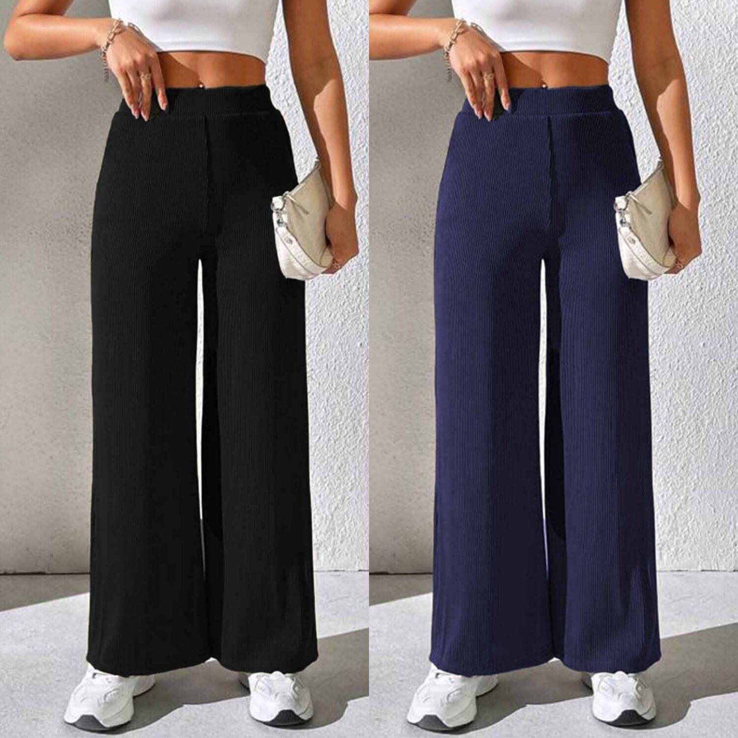     			Qyaas Pack of 2 Lycra Baggy Women's Formal Pants ( Black,Navy Blue )