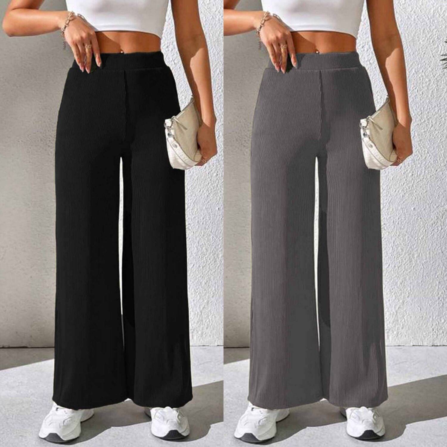     			Qyaas Pack of 2 Lycra Baggy Women's Formal Pants ( Black,Dark Grey )