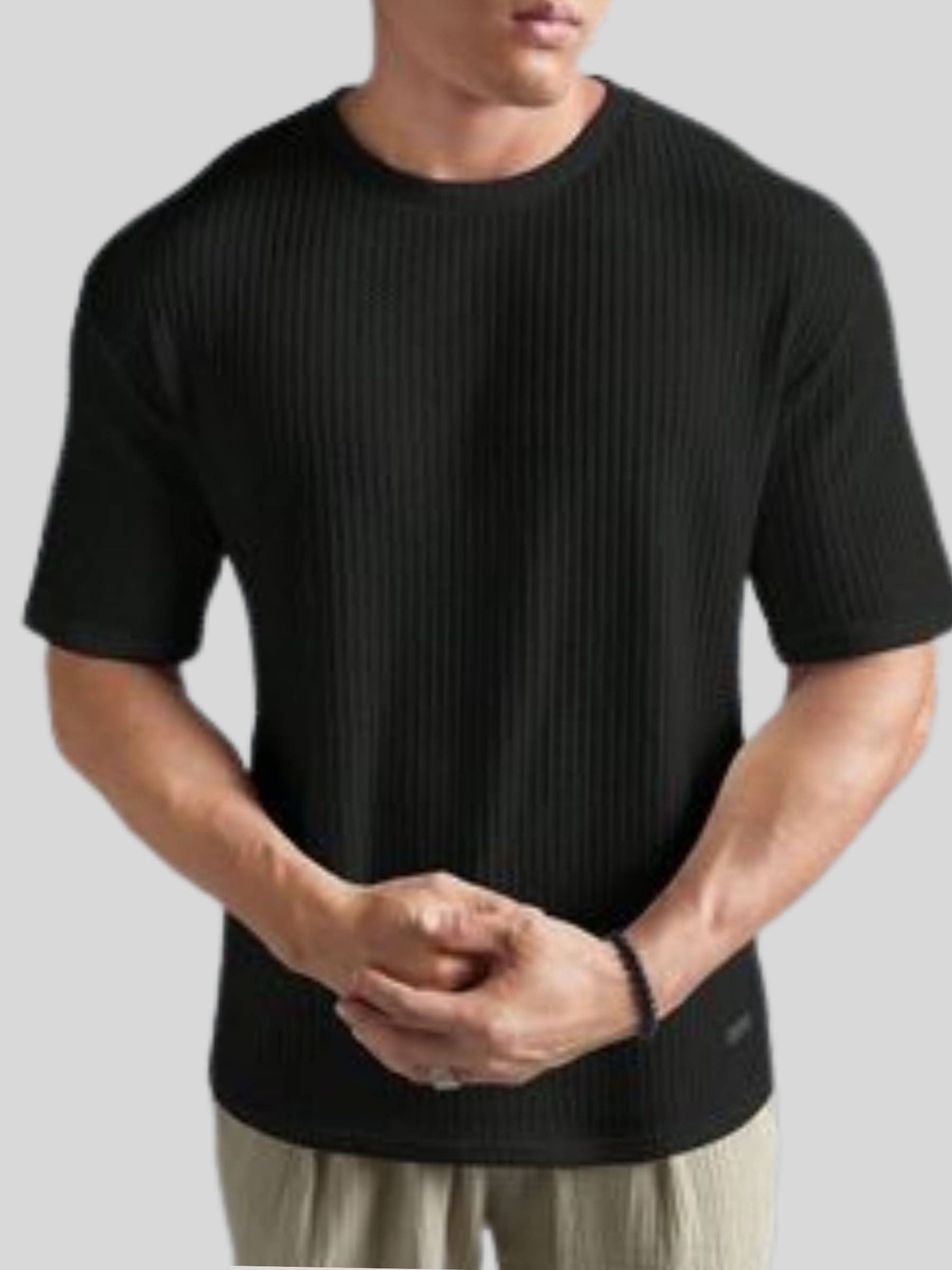 SHRYENKA Men Cotton Blend Oversized Fit Self Design T-Shirt ( Black ) SHRYENKA Men Cotton Blend Oversized Fit Self Design T-Shirt ( Black )