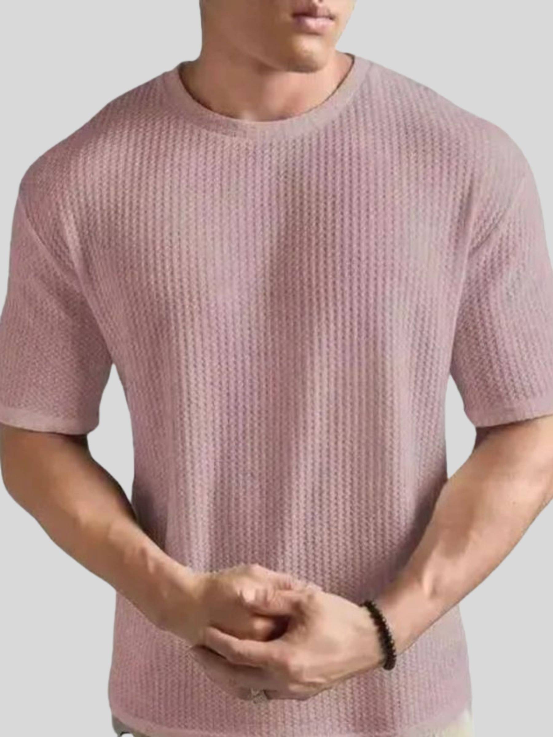 SHRYENKA Men Cotton Blend Oversized Fit Self Design T-Shirt ( Pink )     			SHRYENKA Men Cotton Blend Oversized Fit Self Design T-Shirt ( Pink )