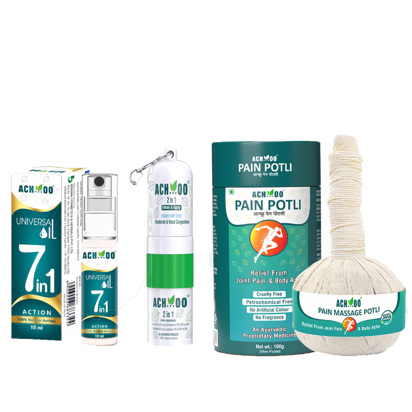     			ACH...OO Pain Massage Potli 100g + 2In1 InhaleandApply 2ml + Universal oil 7 In1 10ml (Pack of 3)
