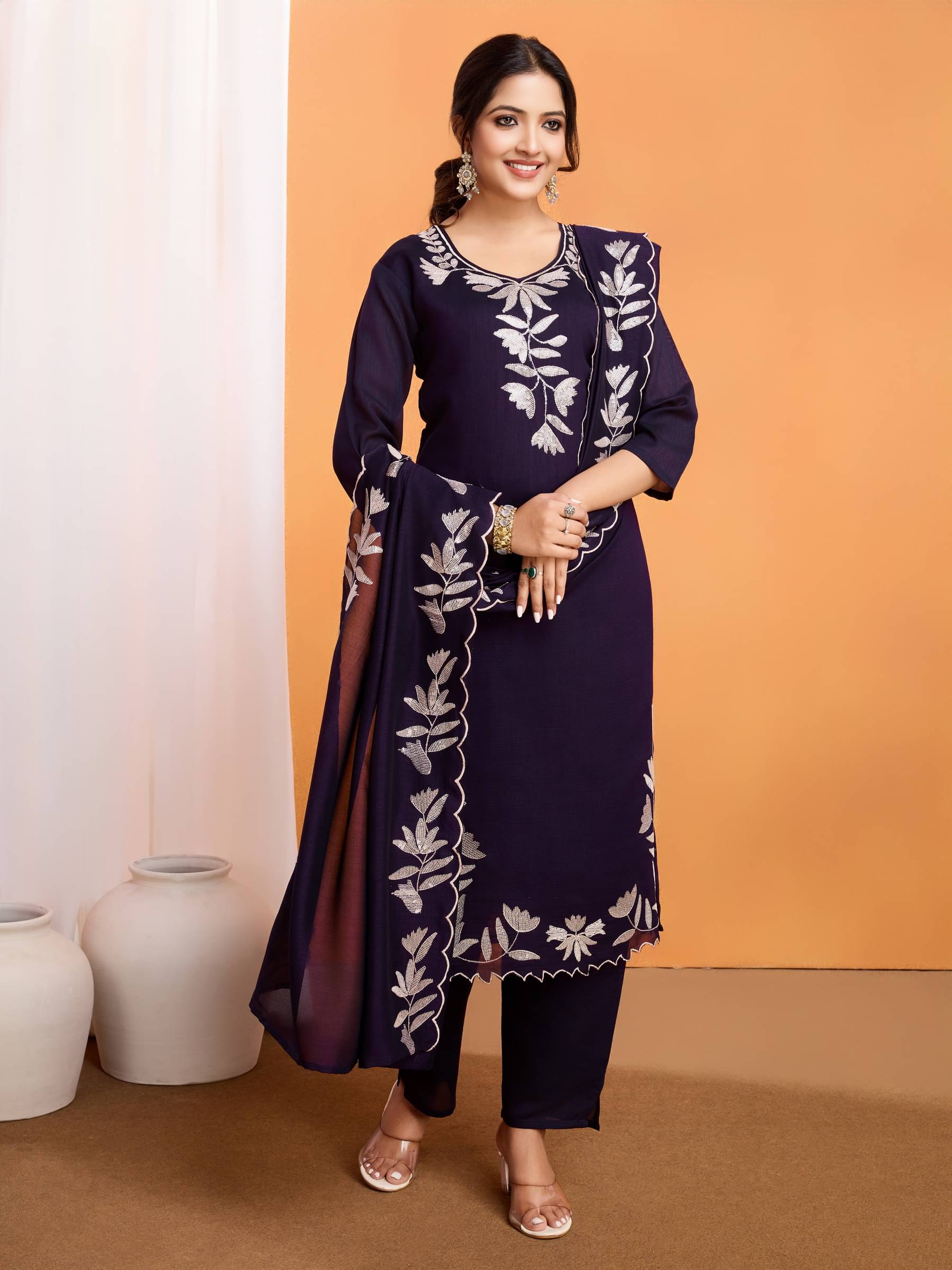     			Divyadham Textiles Women Silk Blend Embroidered A-line Kurti With Pants ( Purple )