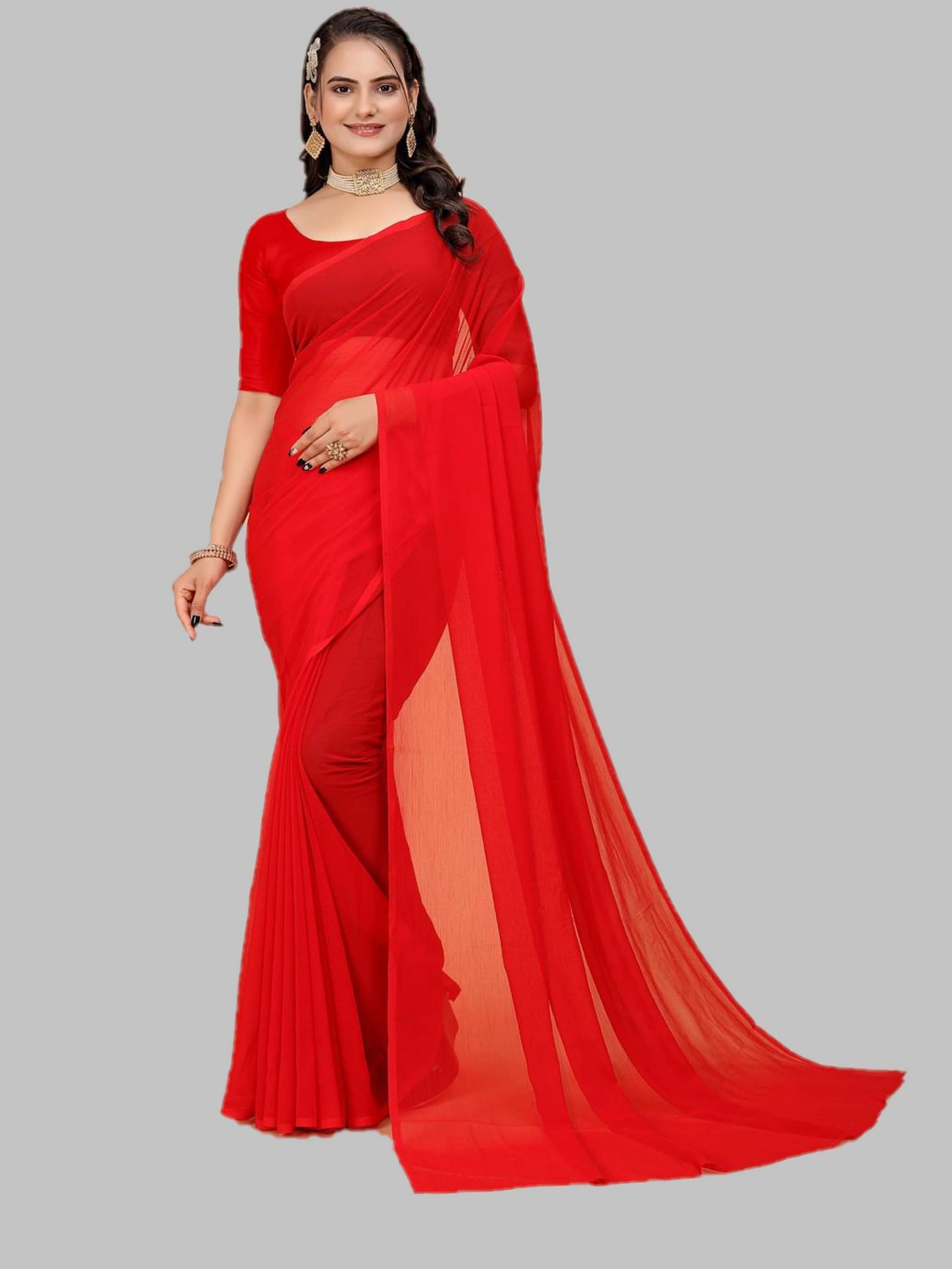     			Fabkart Georgette Solid Saree With Unstitched Blouse Piece ( Red )