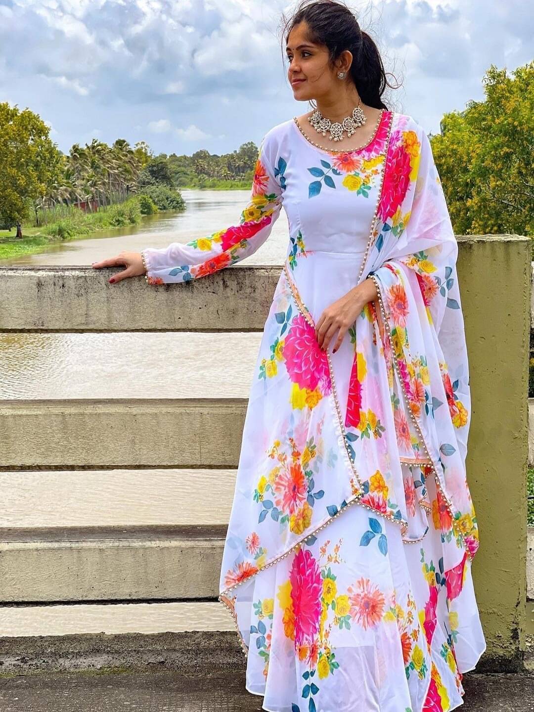     			Femvy Women Cotton Blend Flared Stitched Ethnic Gown ( White )