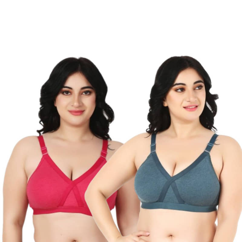 Funahme Pack of 2 Cotton Blend Non Padded T-Shirt Bra For Women ( Pink )