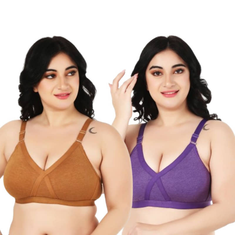 Funahme Pack of 2 Cotton Blend Non Padded T-Shirt Bra For Women ( Purple )