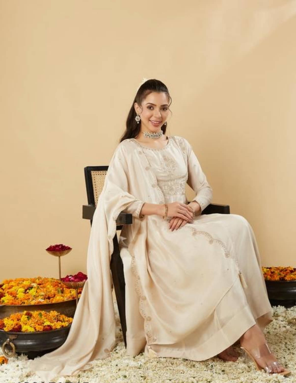     			KOTRONS Women Silk Embroidered Anarkali Kurti With Pants ( Cream )