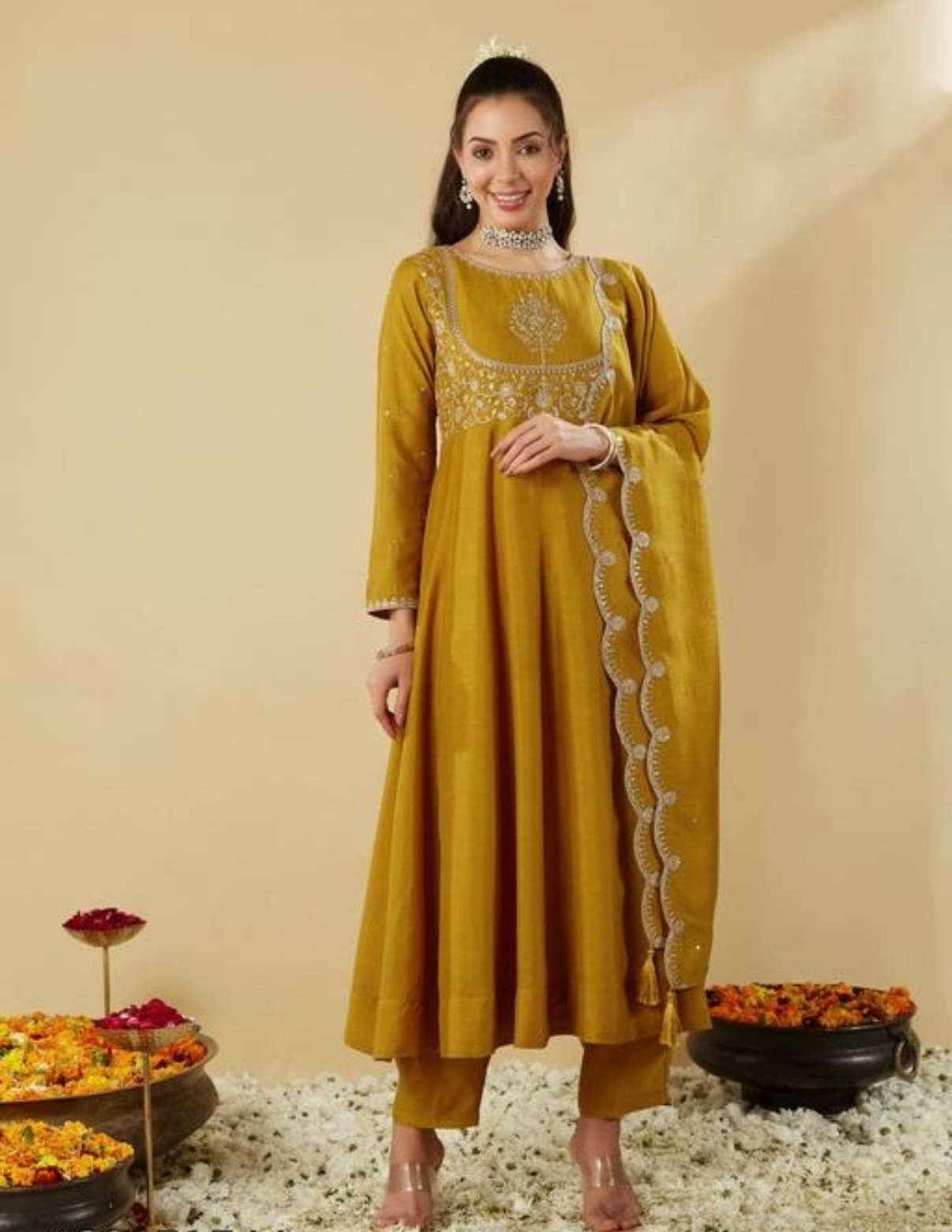     			KOTRONS Women Silk Embroidered Anarkali Kurti With Pants ( Yellow )