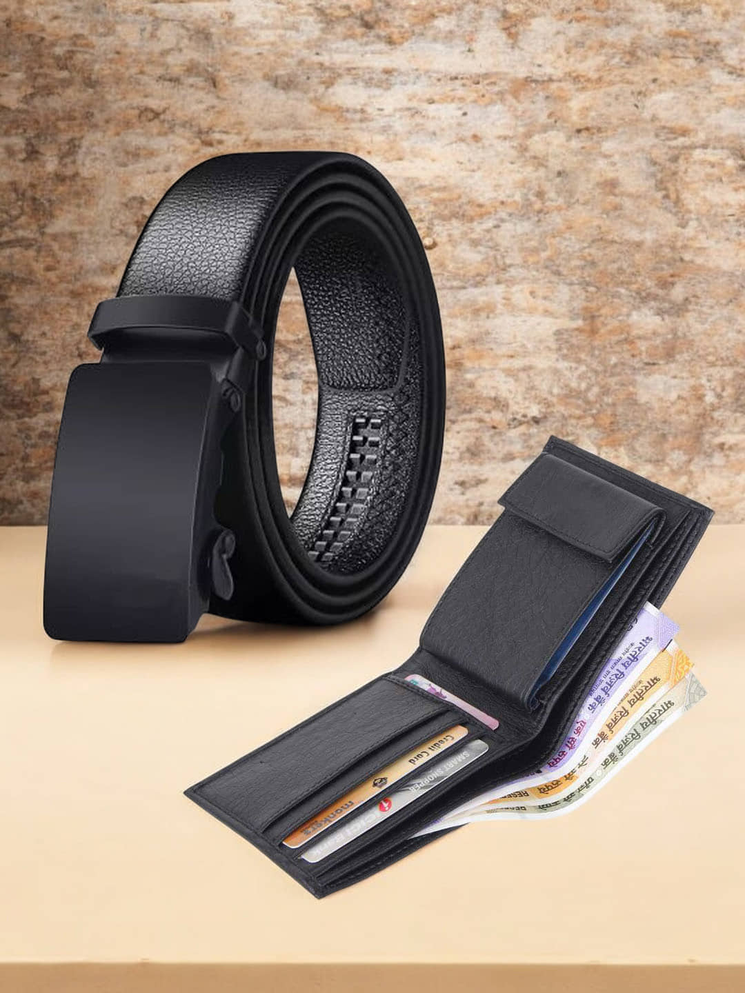 Kastner - Black PU Men's Belts Wallets Set ( Pack of 2 )