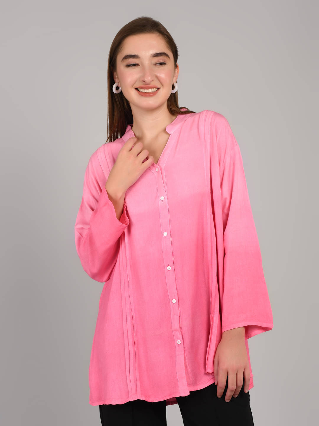     			MAYKR Women Solid Rayon Shirt ( Pink )