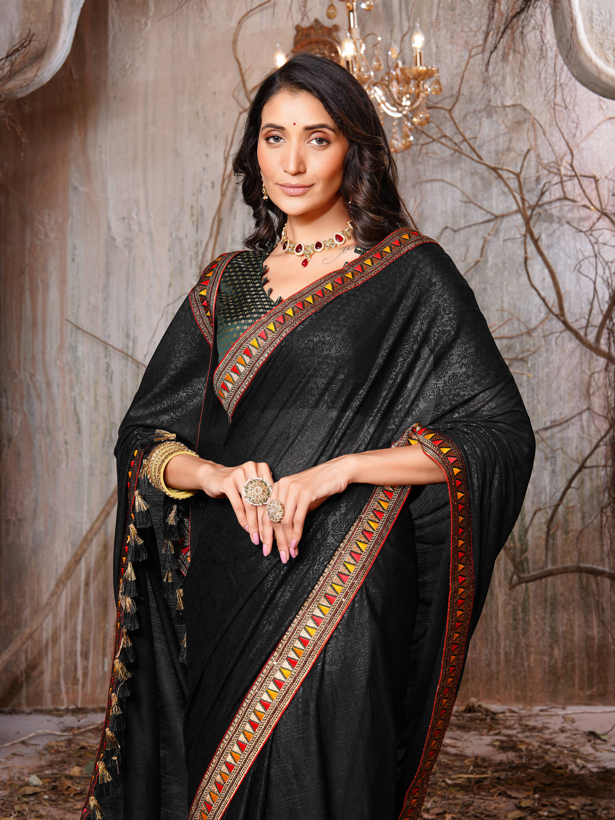     			Parmila Fashion Chiffon Embellished Saree With Unstitched Blouse Piece ( Black )