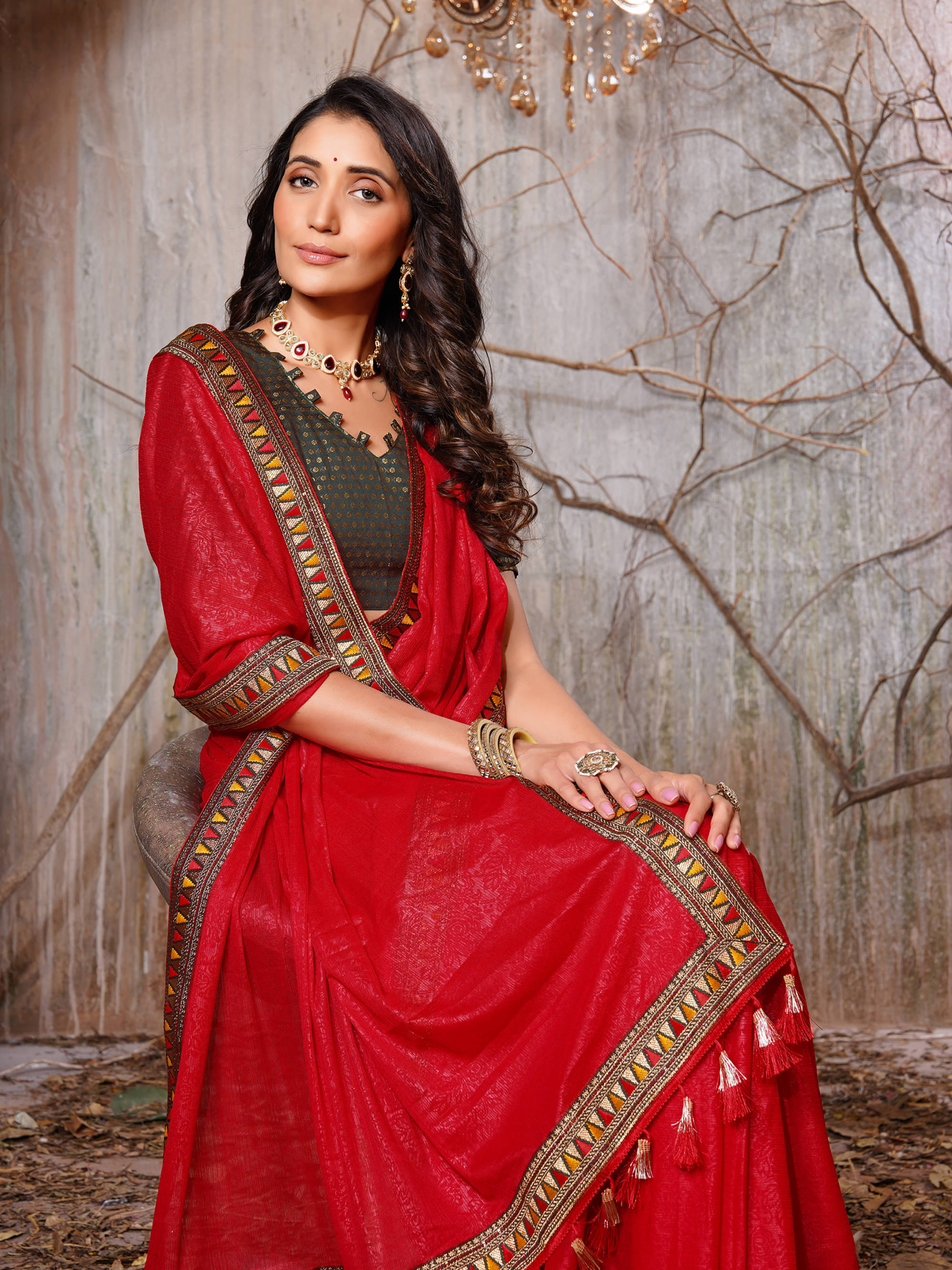 Parmila Fashion Chiffon Embellished Saree With Unstitched Blouse Piece ( Red ) Parmila Fashion Chiffon Embellished Saree With Unstitched Blouse Piece ( Red )