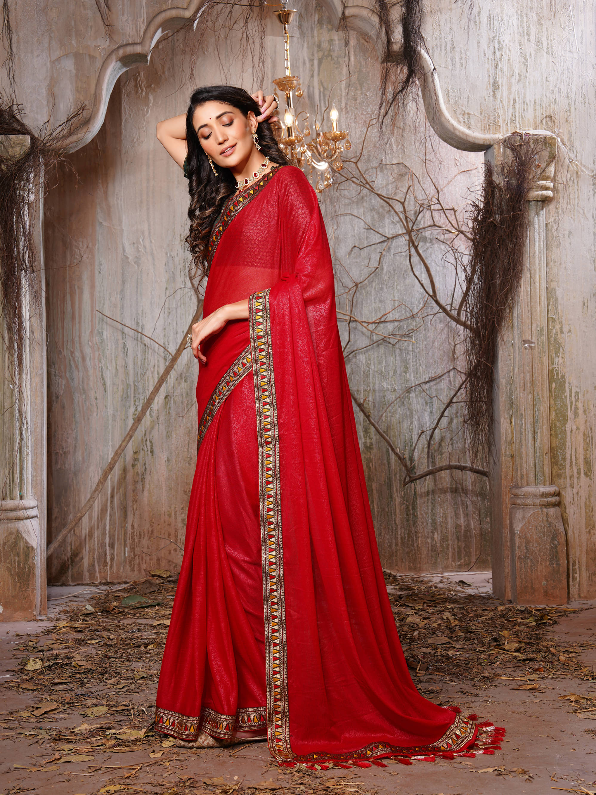 Parmila Fashion Chiffon Embellished Saree With Unstitched Blouse Piece ( Red ) Parmila Fashion Chiffon Embellished Saree With Unstitched Blouse Piece ( Red )