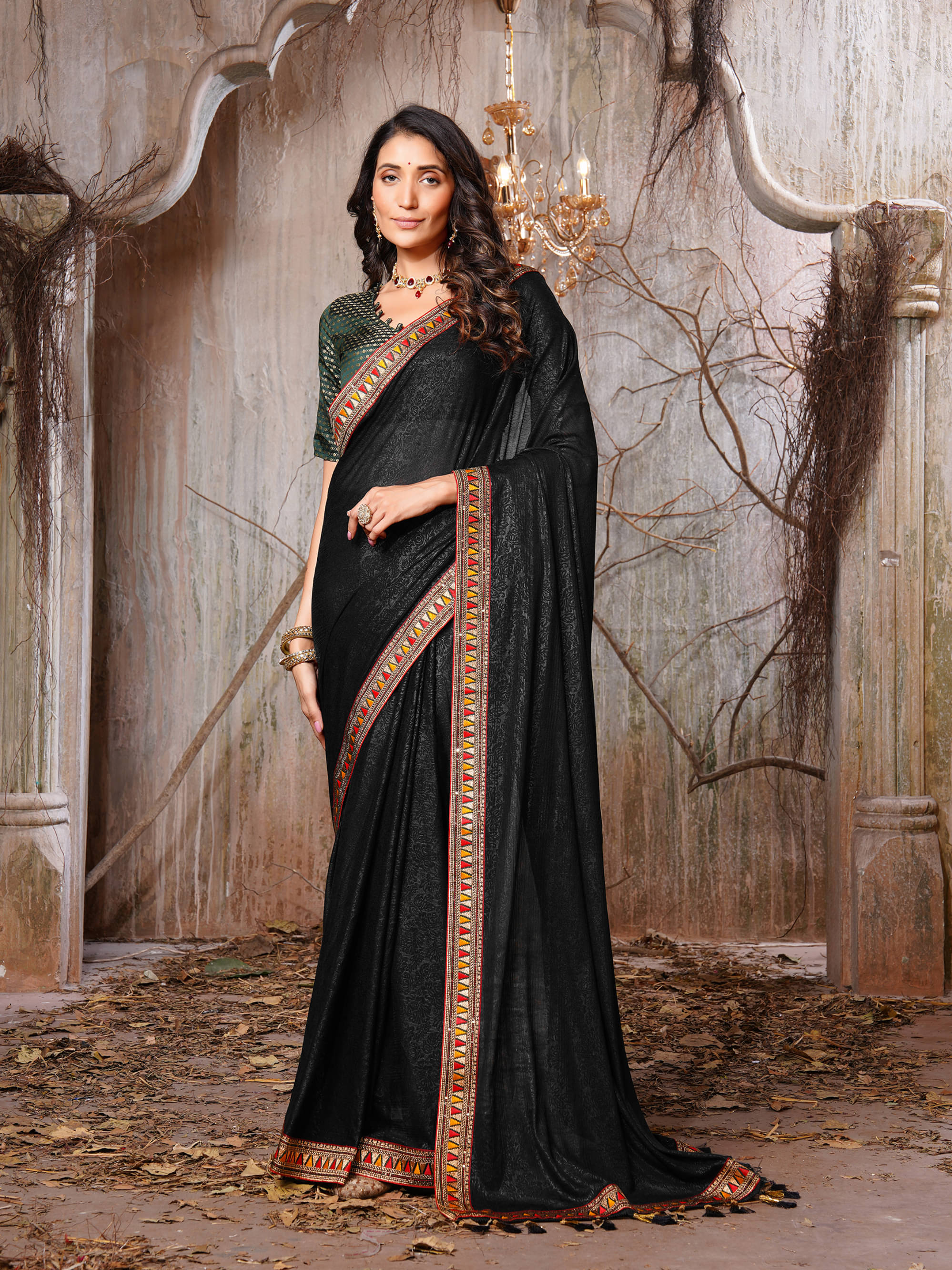    			Parmila Fashion Chiffon Embellished Saree With Unstitched Blouse Piece ( Black )