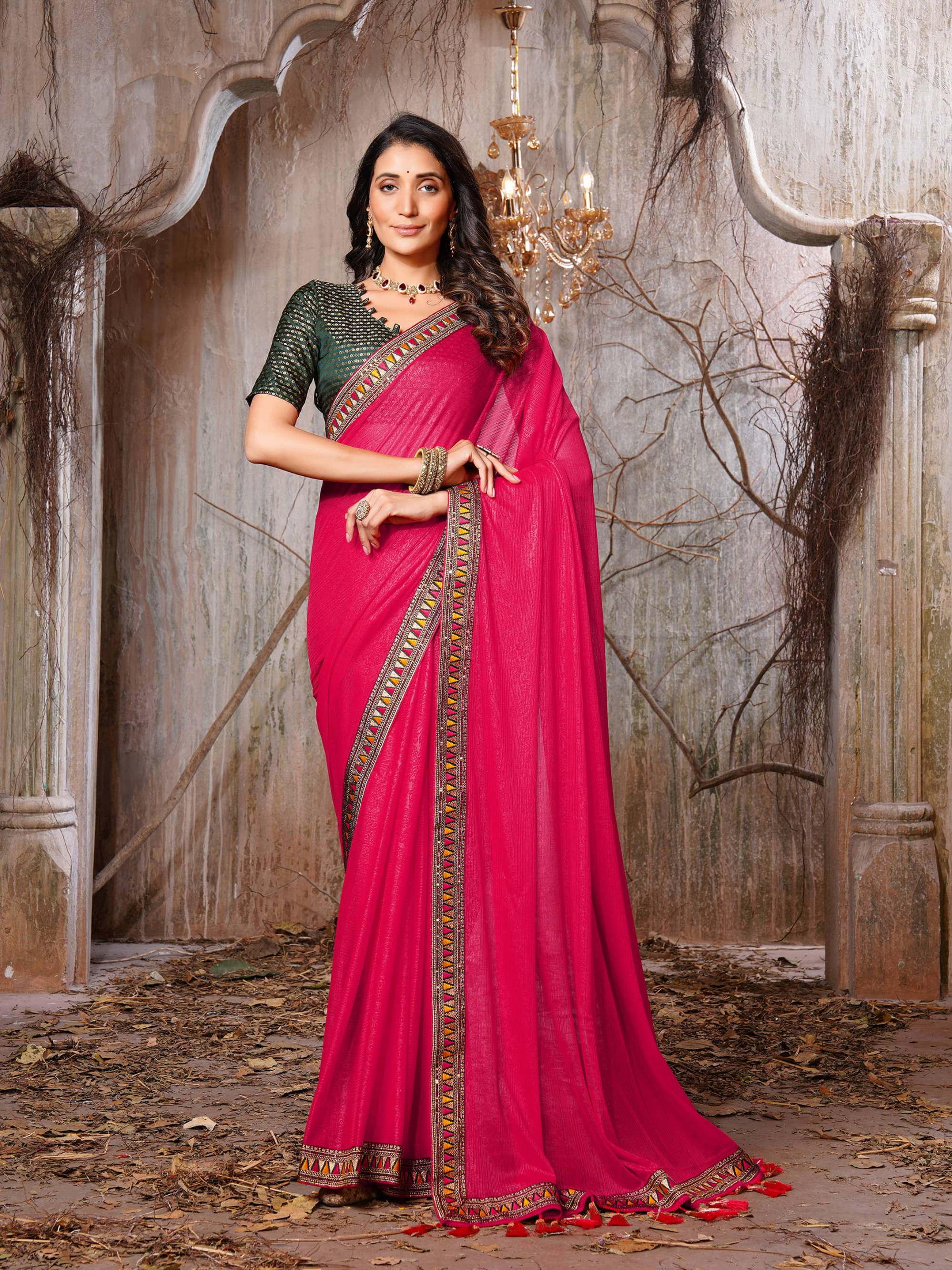     			Parmila Fashion Chiffon Embellished Saree With Unstitched Blouse Piece ( Pink )
