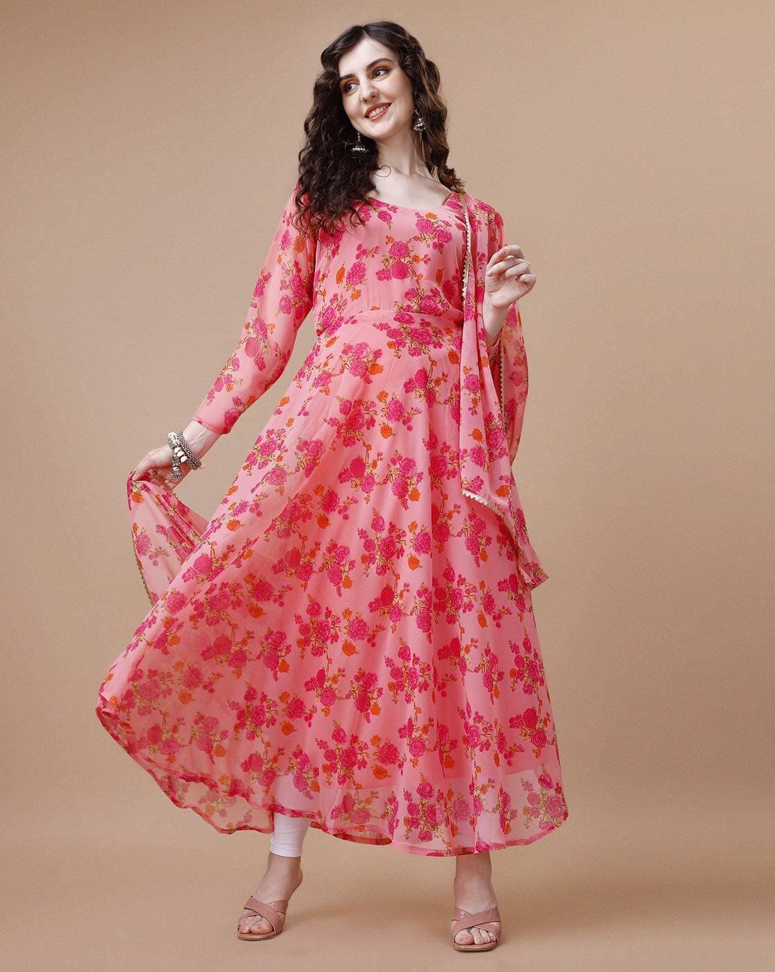 RAIYANI FASHION Women Cotton Blend Flared Stitched Ethnic Gown ( Orange ) RAIYANI FASHION Women Cotton Blend Flared Stitched Ethnic Gown ( Orange )