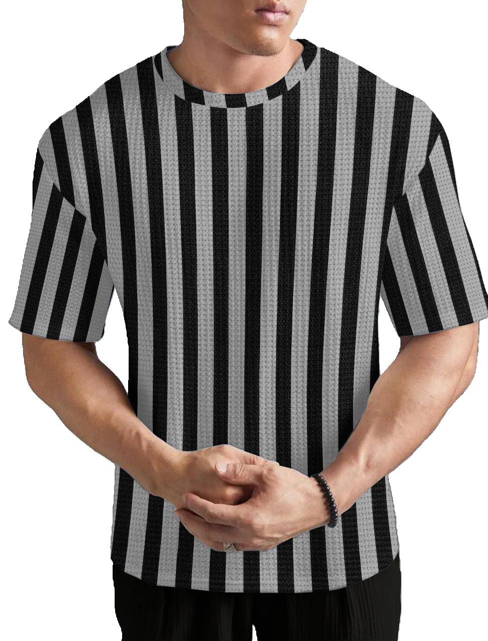     			THINK IT UP Men Cotton Blend Oversized Fit Striped T-Shirt ( Grey )