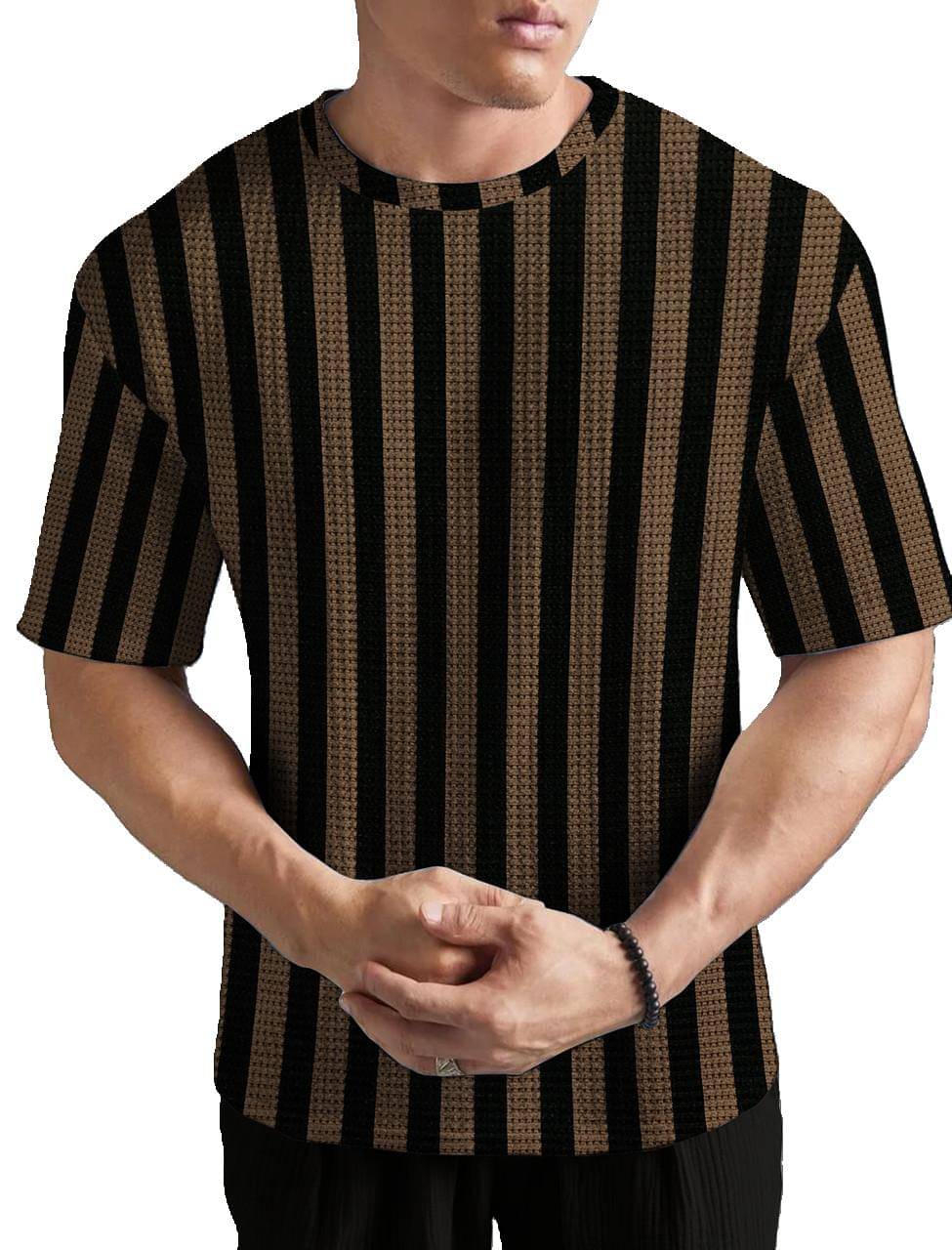     			THINK IT UP Men Cotton Blend Oversized Fit Striped T-Shirt ( Brown )